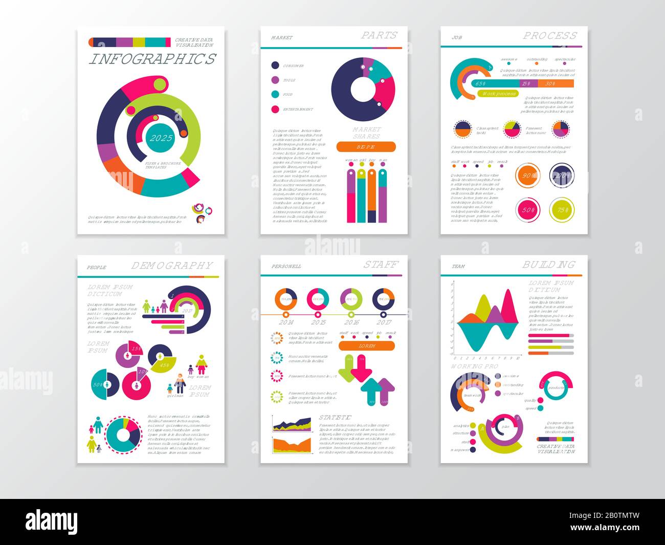 Documenti di presentazione aziendale moderni con grafici e grafici infografici. Pagine della brochure del modello vettoriale di marketing aziendale. Documenti con grafica a colori per la presentazione Illustrazione Vettoriale