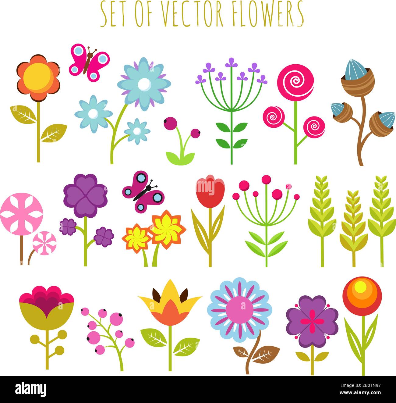 Luminoso giardino bambini fiori e farfalla vettore set. Fiore colorato per giardino con illustrazione farfalla Illustrazione Vettoriale