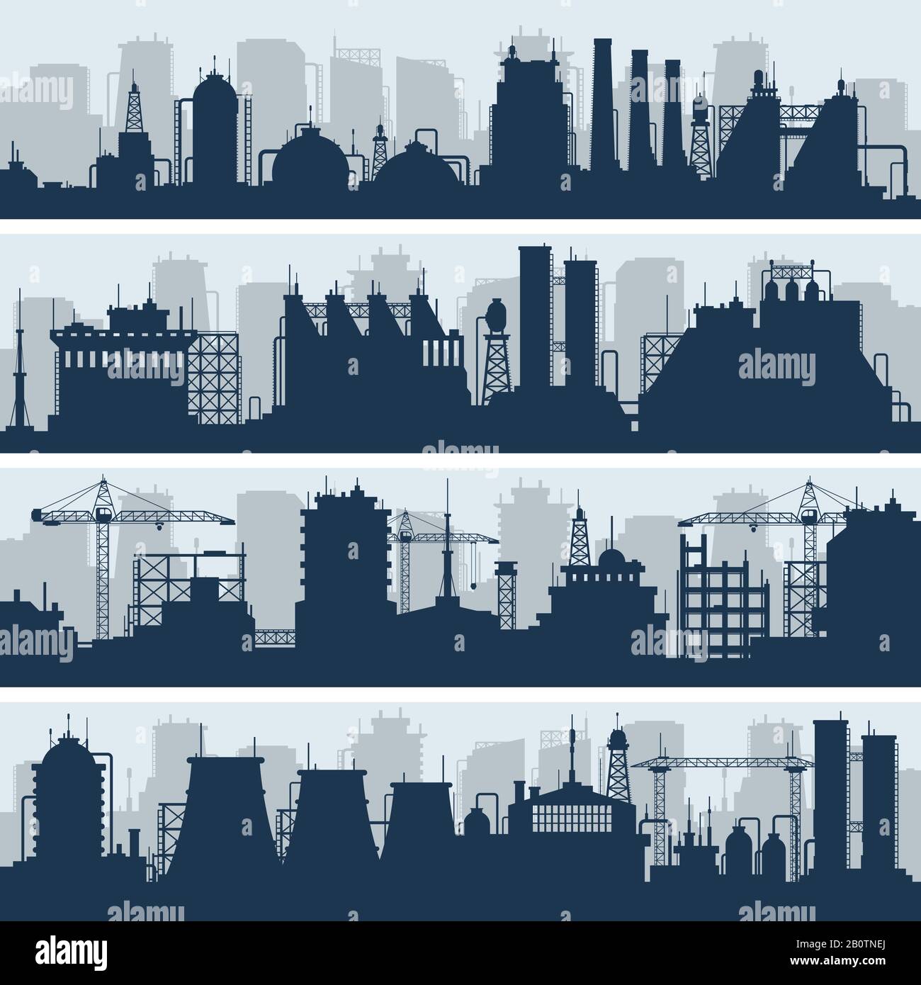 Skyline vettoriali industriali. Fabbrica moderna e sagome degli edifici. Illustrazione della fabbrica dell'industria urbana e della struttura dell'impianto Illustrazione Vettoriale