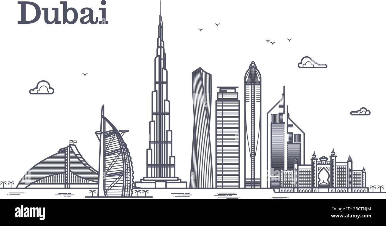 Dettagliata linea di dubai vettore città con grattacieli. UAE punto di riferimento skyline. Architettura dubai grattacielo in stile lineare illustrazione Illustrazione Vettoriale