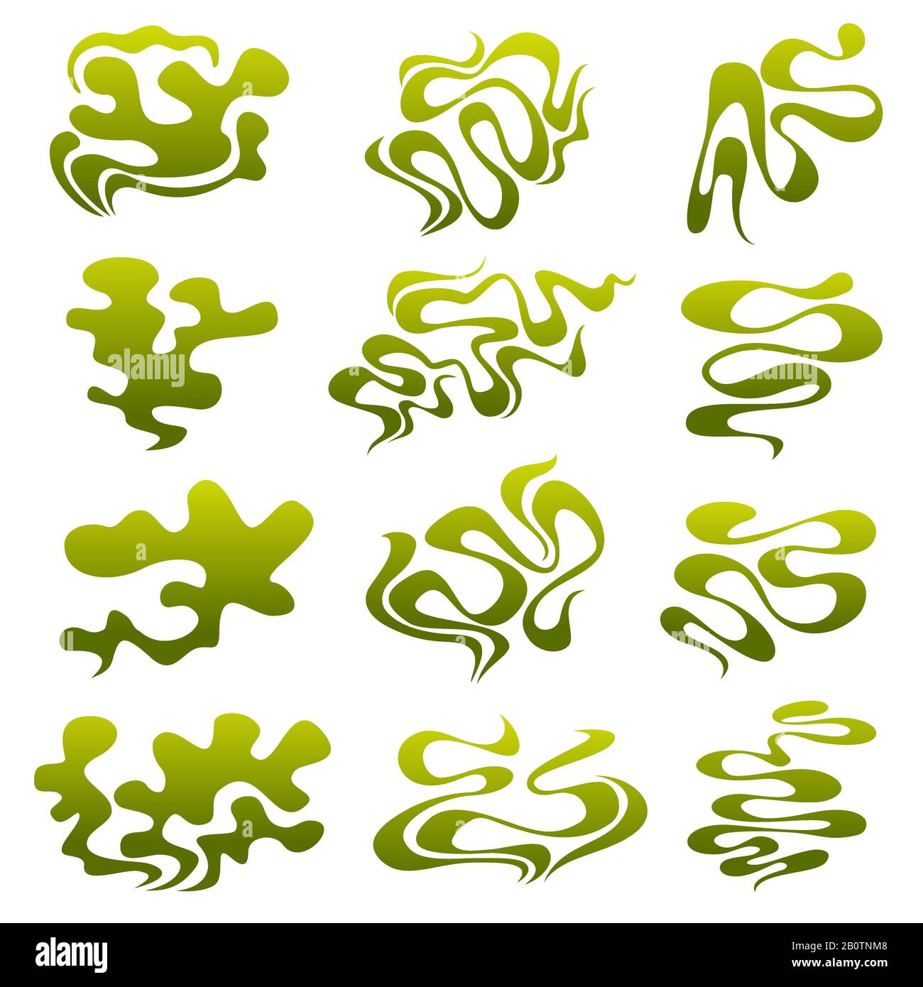 Cartone animato puzzolenti puzzolenti bolle, vapore d'acqua e strench aroma flussi vettore set. Flusso di fumo aromatico, odore verde tossico illustrazione Illustrazione Vettoriale