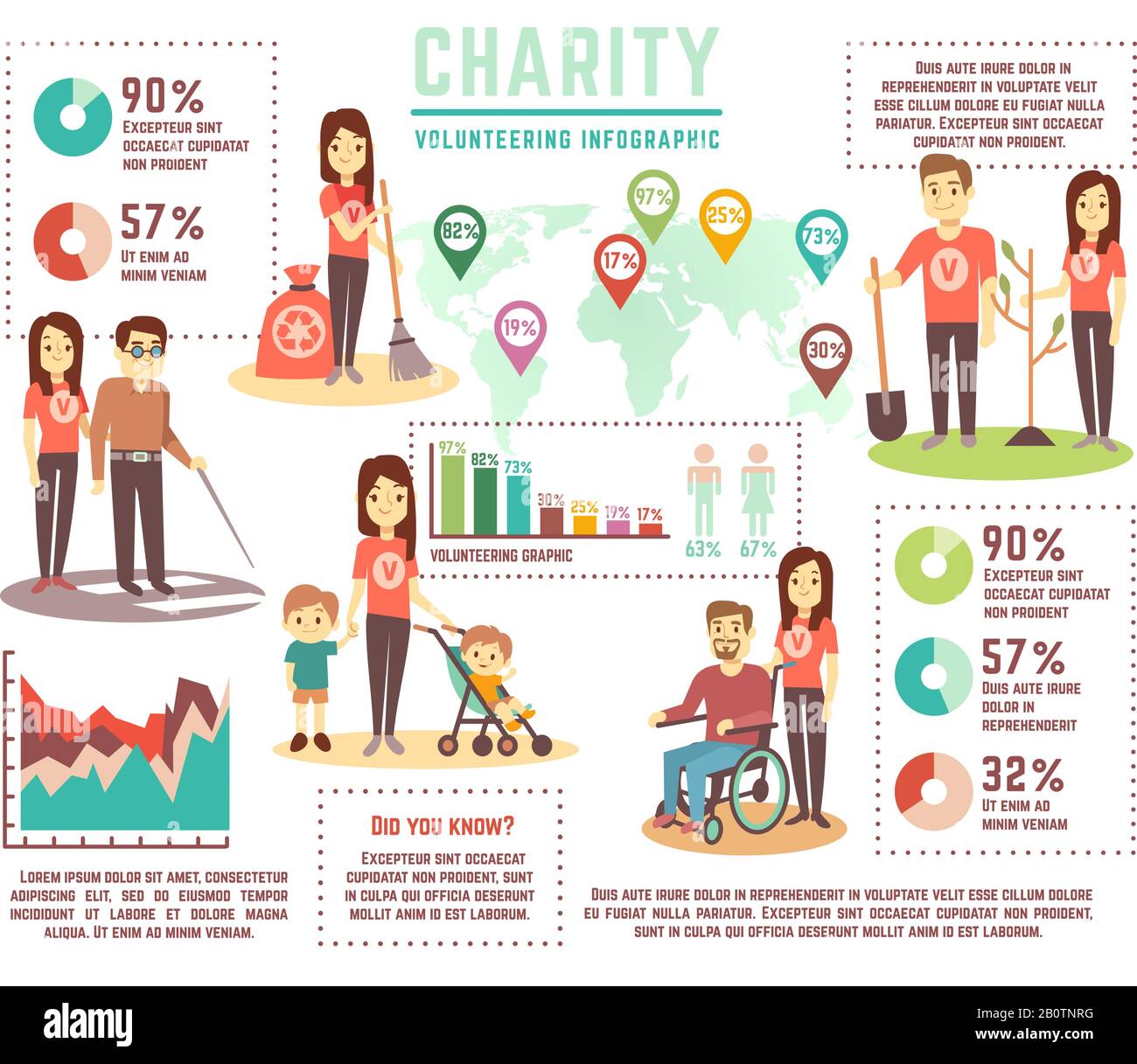 Aiuto sociale e beneficenza concetto di vettore di lavoro. Infografiche di volontariato. Volontariato e carità, aiutare l'illustrazione sociale infografica Illustrazione Vettoriale
