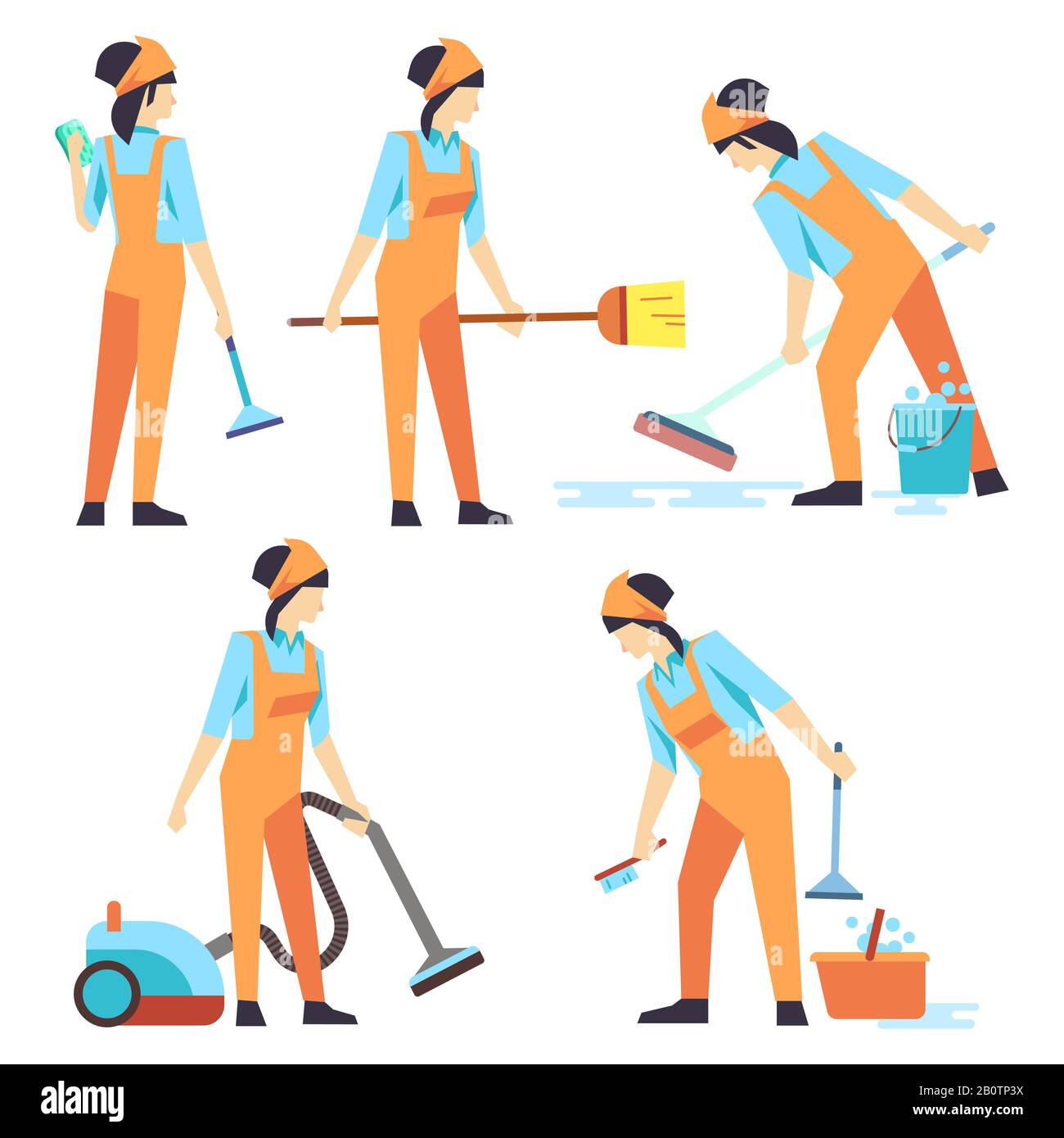 Servizio di pulizia personale donna - pulizia personale di donna appartamento design. Set di donna professionale più pulita. Illustrazione del vettore Illustrazione Vettoriale