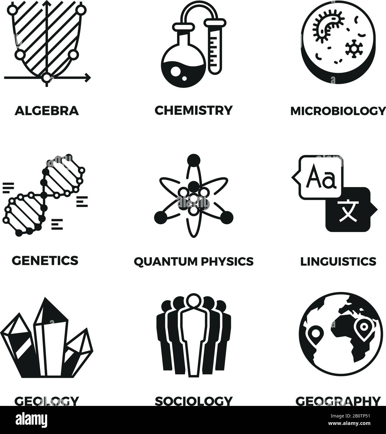 Pittogrammi del vettore scientifico. Genetica e algebra, chimica e biologia, geografia e sociologia, linguistica e simboli di fisica quantistica. Matematica e mondo, studio di fisica e geografia illustrazione Illustrazione Vettoriale