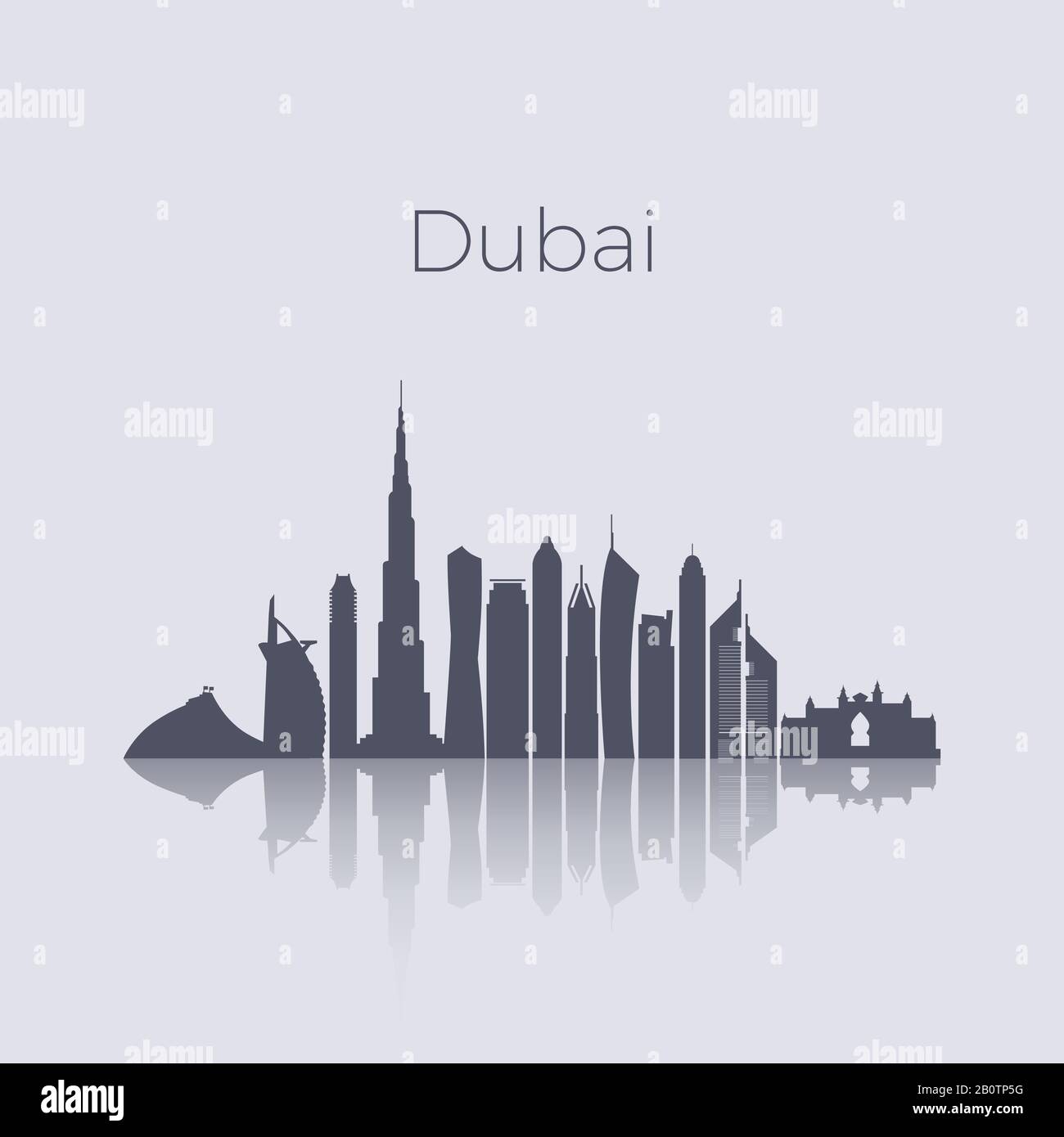 Dubai città edifici moderni silhouette vettore skyline. Emirati Arabi Uniti Landmark Cityscape. Costruzione architettura paesaggio urbano, illustrazione della silhouette della città degli emirati arabi uniti Illustrazione Vettoriale