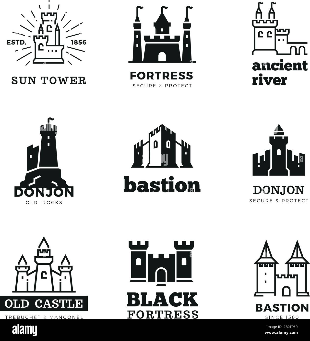Castello medievale e cavaliere fortezza vettore antico logo reale set. Logo della fortezza fiabesca, illustrazione storica della cittadella della costruzione reale Illustrazione Vettoriale