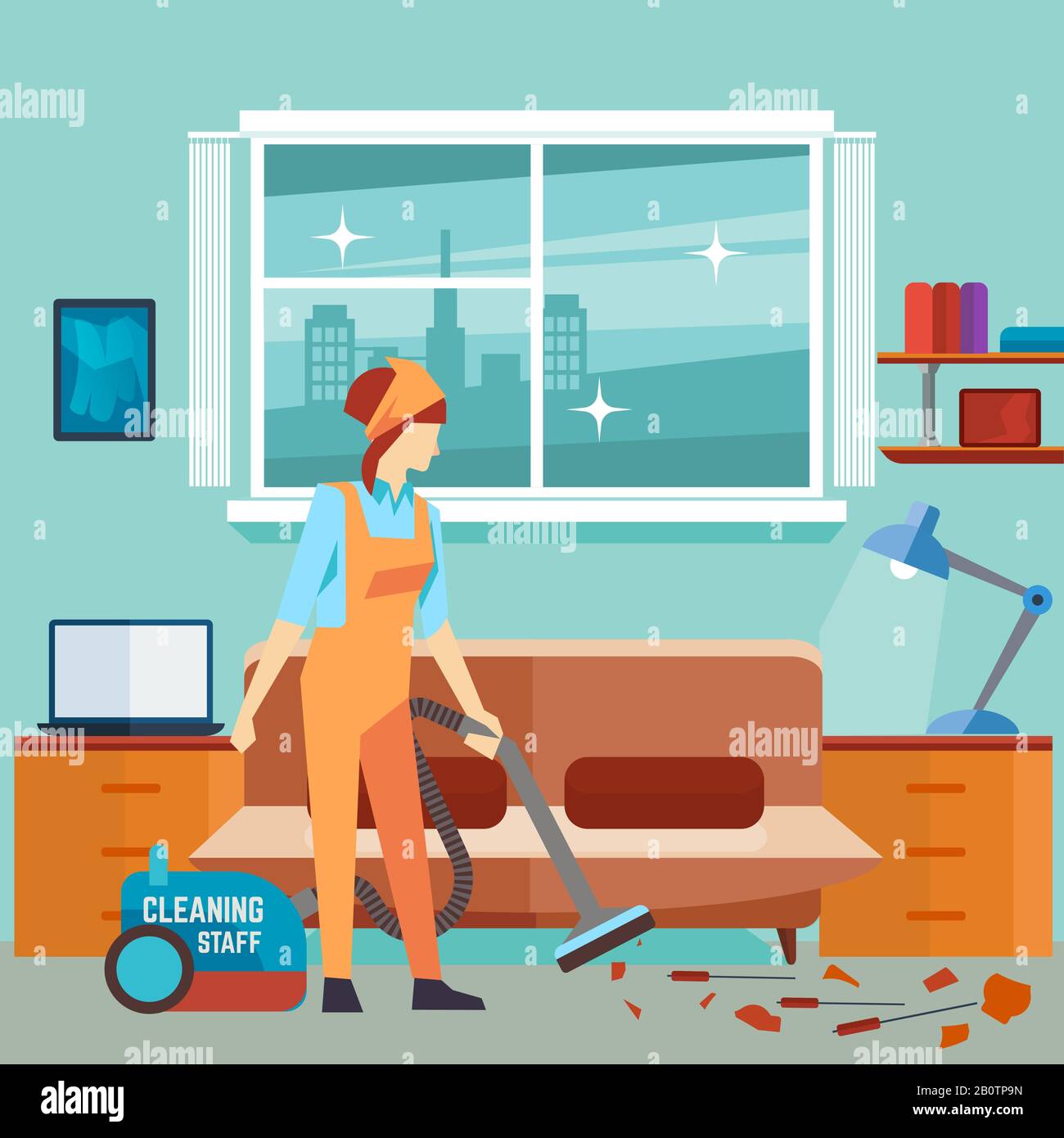 Aspirapolvere Flat woman in camera - pulizia donna personaggio vettoriale. Servizio domestico, illustrazione più pulita del lavoro Illustrazione Vettoriale