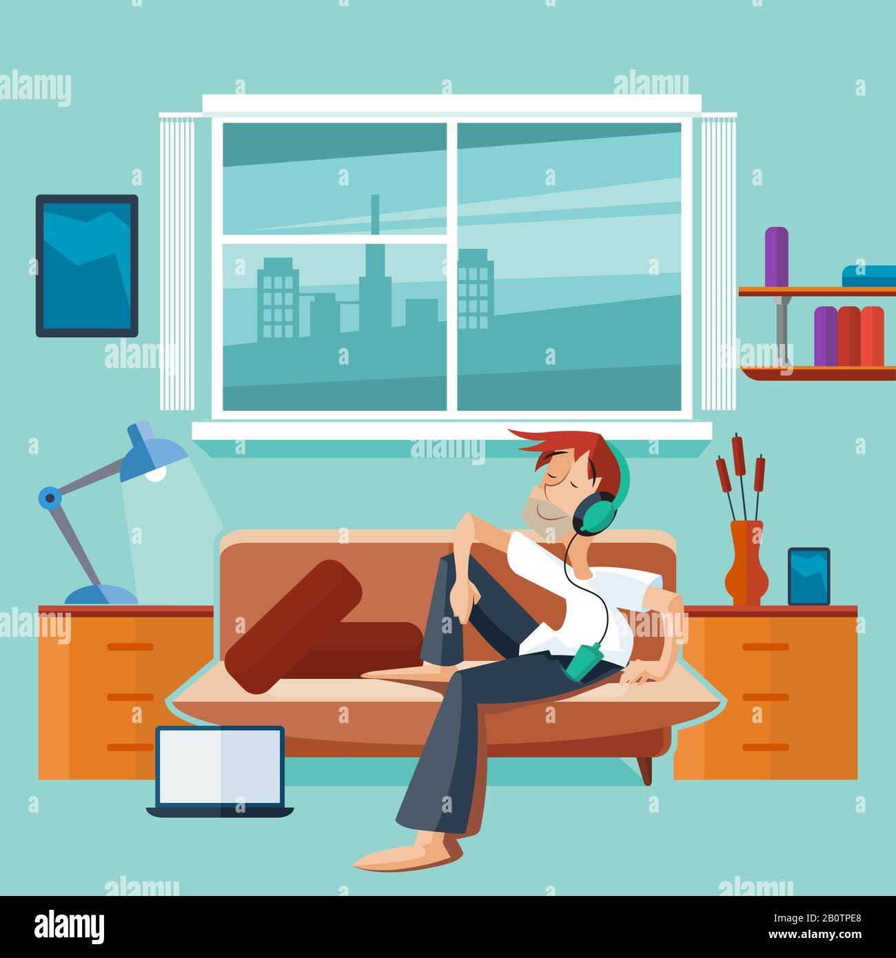 Interno piatto con uomo sul divano - adolescente ascoltare musica in camera. Illustrazione del vettore Illustrazione Vettoriale
