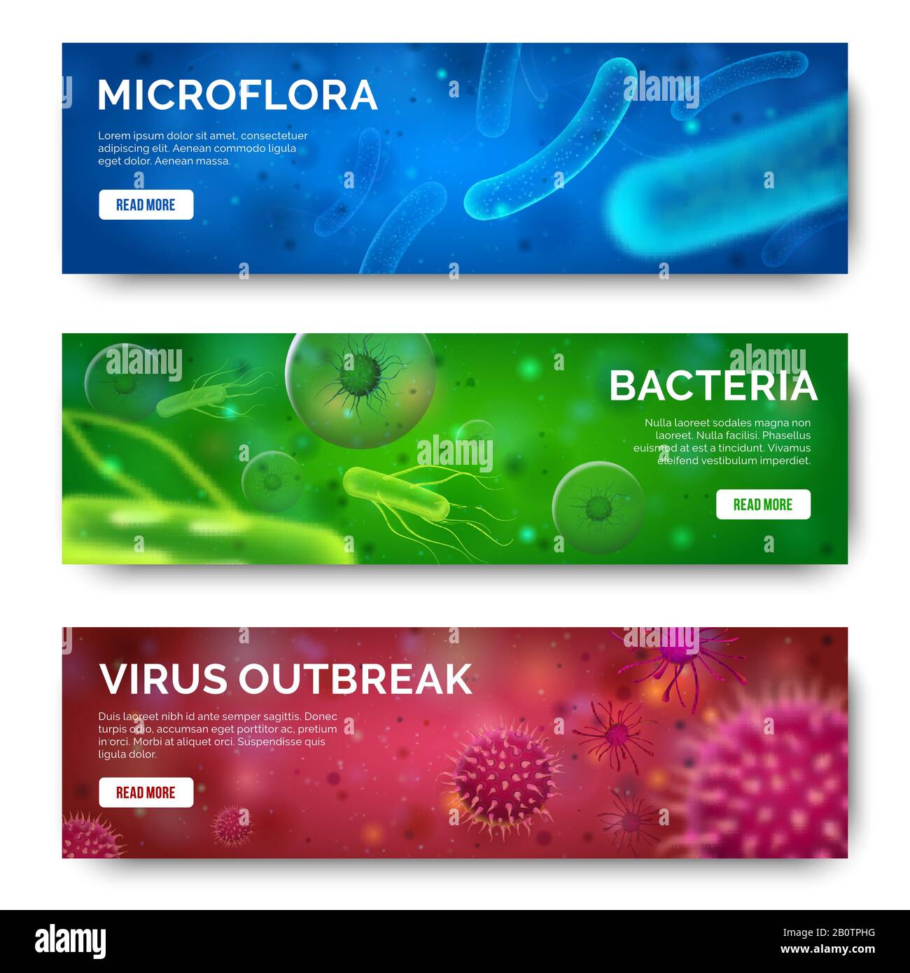 Microbiologia sfondo 3d. Virus, infezioni e batteri per striscioni. Set di banner isolati per virus bacterium science Illustrazione Vettoriale