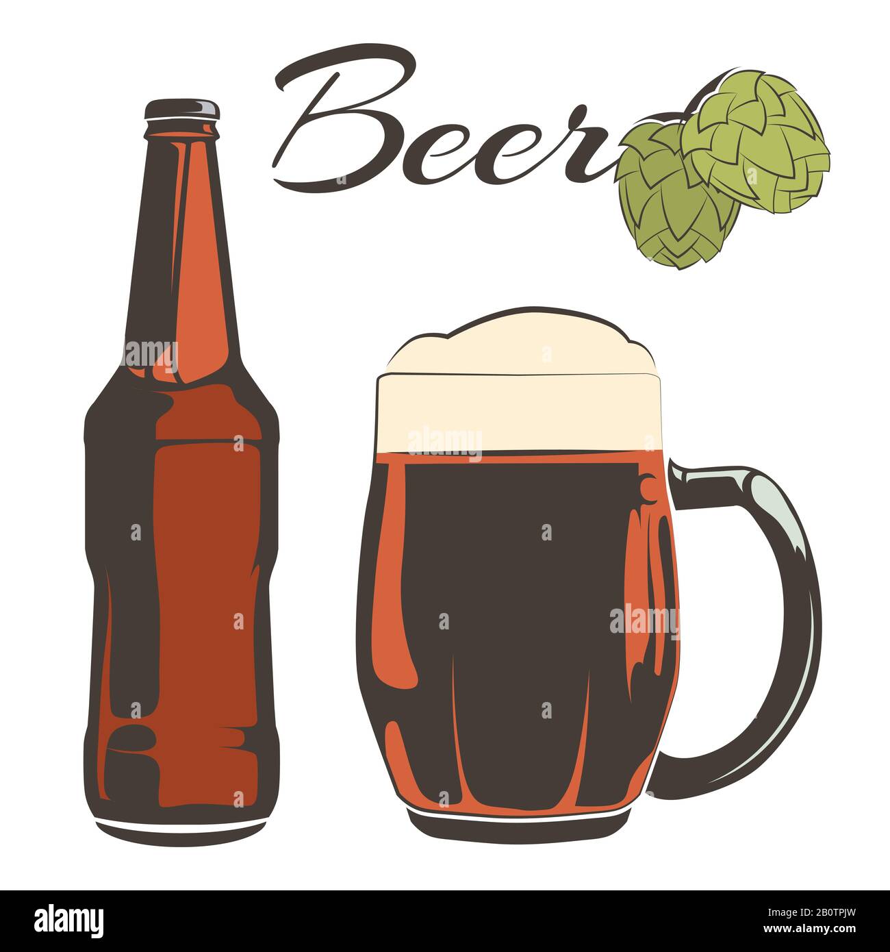 Set birra vintage - bottiglia e calice con luppolo. Bere birra di vetro. Illustrazione del vettore Illustrazione Vettoriale