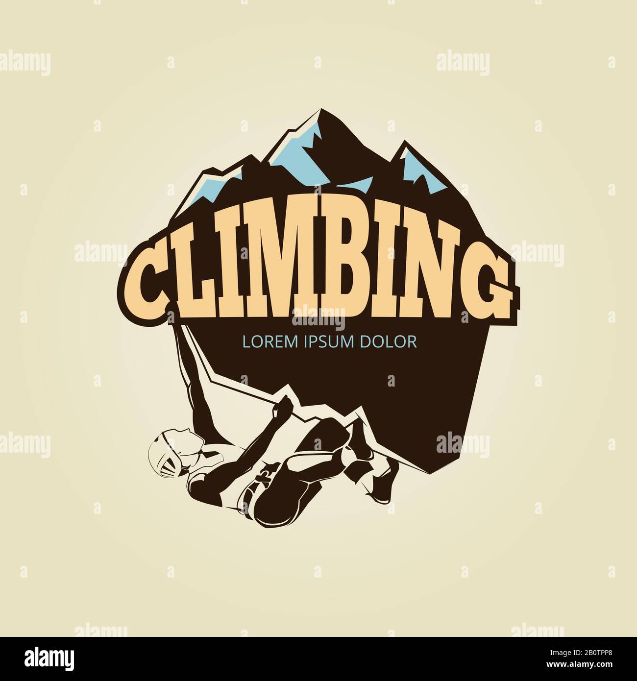 Logo vintage mountane climbling con persona. Spedizione di arrampicata con emblema, illustrazione vettoriale Illustrazione Vettoriale