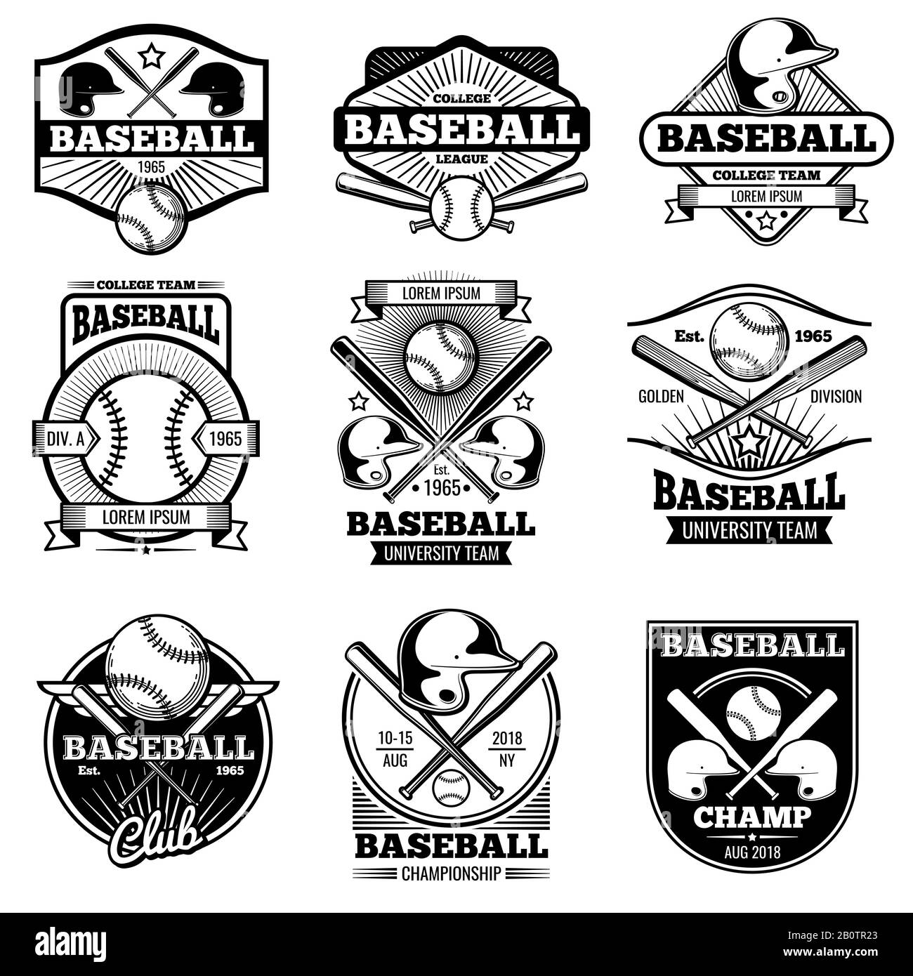 Design del logo vintage Sports. Etichetta vettore di baseball retro e badge. Illustrazione di baseball dell'emblema, logo di gioco con palla e pipistrello Illustrazione Vettoriale