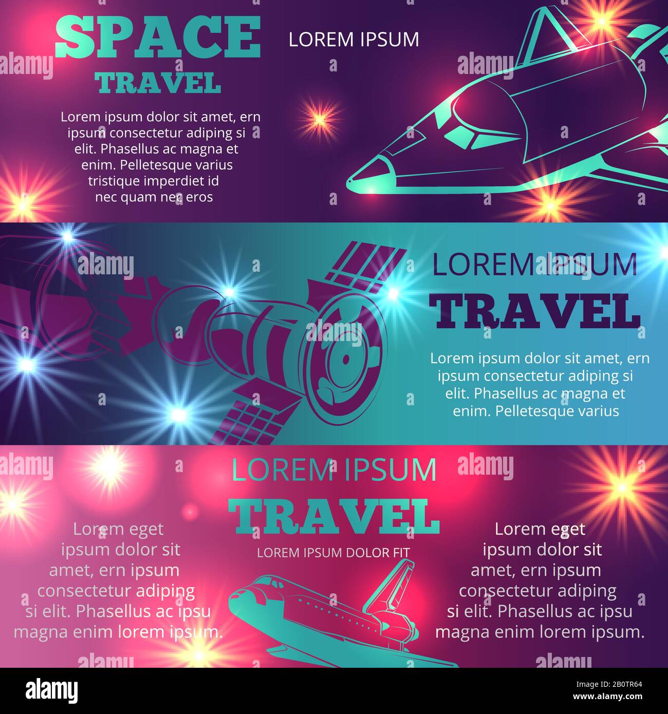 Modello banner orizzontali per viaggi spaziali con navetta e stazione spaziale per le intenzioni. Illustrazione del vettore Illustrazione Vettoriale