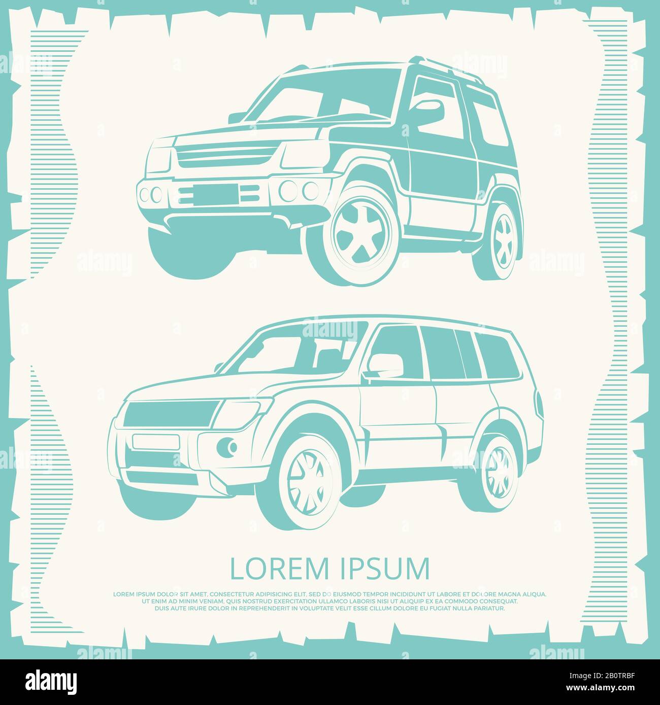 Poster vintage con design di automobili Jeep. Banner con automobile, illustrazione vettoriale Illustrazione Vettoriale