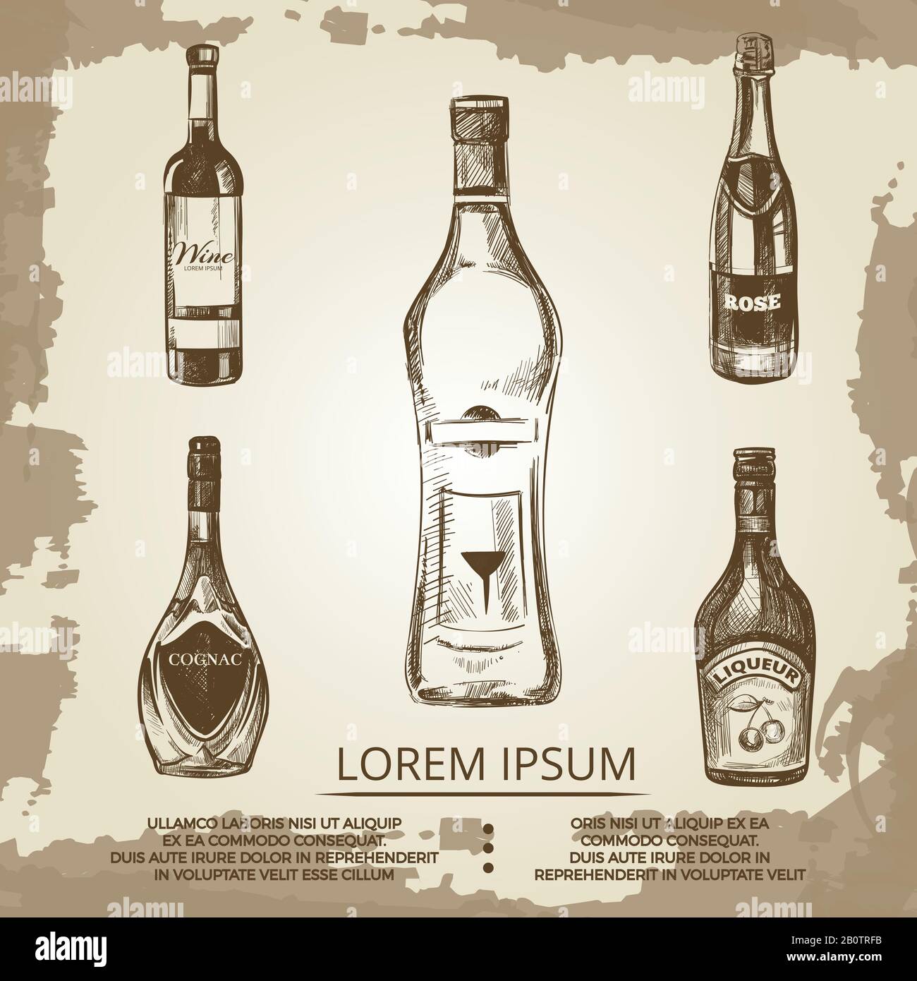 Poster vintage grunge con bevande alcoliche d'élite disegnate a mano. Abbozzare grunge di bevande, illustrazione vettoriale Illustrazione Vettoriale