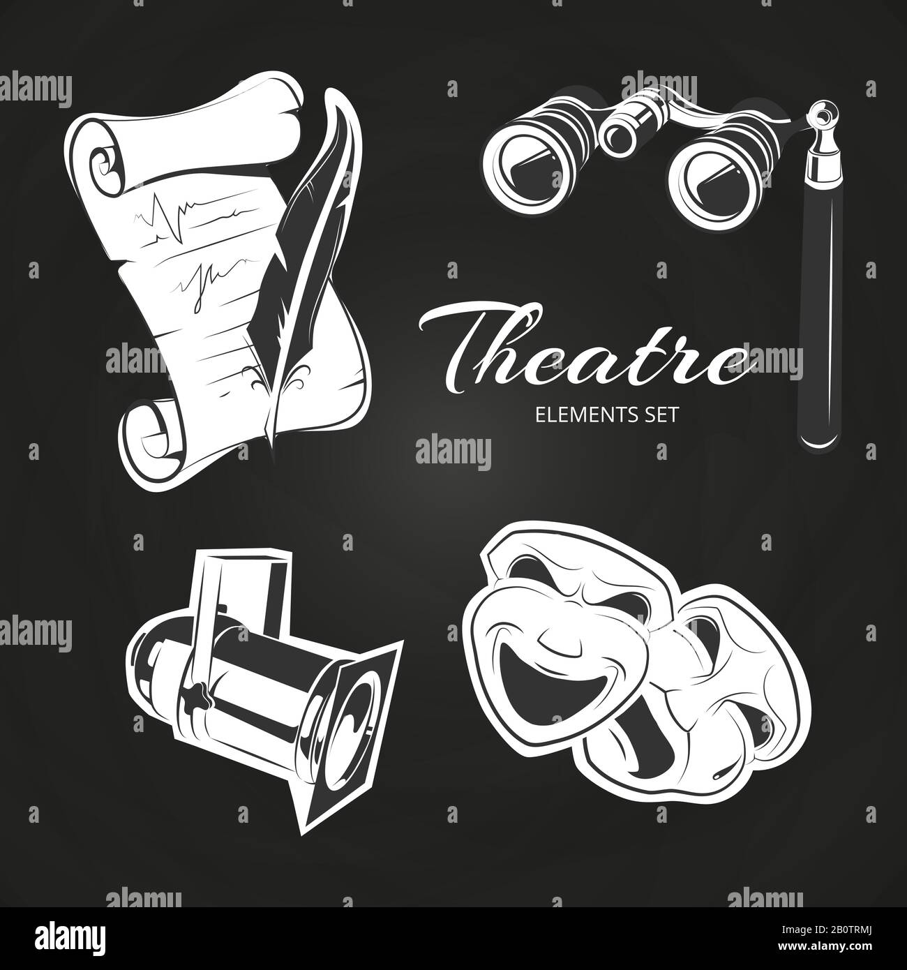 Popolari simboli teatrali impostati su lavagna. Rappresentazione delle prestazioni del disegno, illustrazione vettoriale Illustrazione Vettoriale