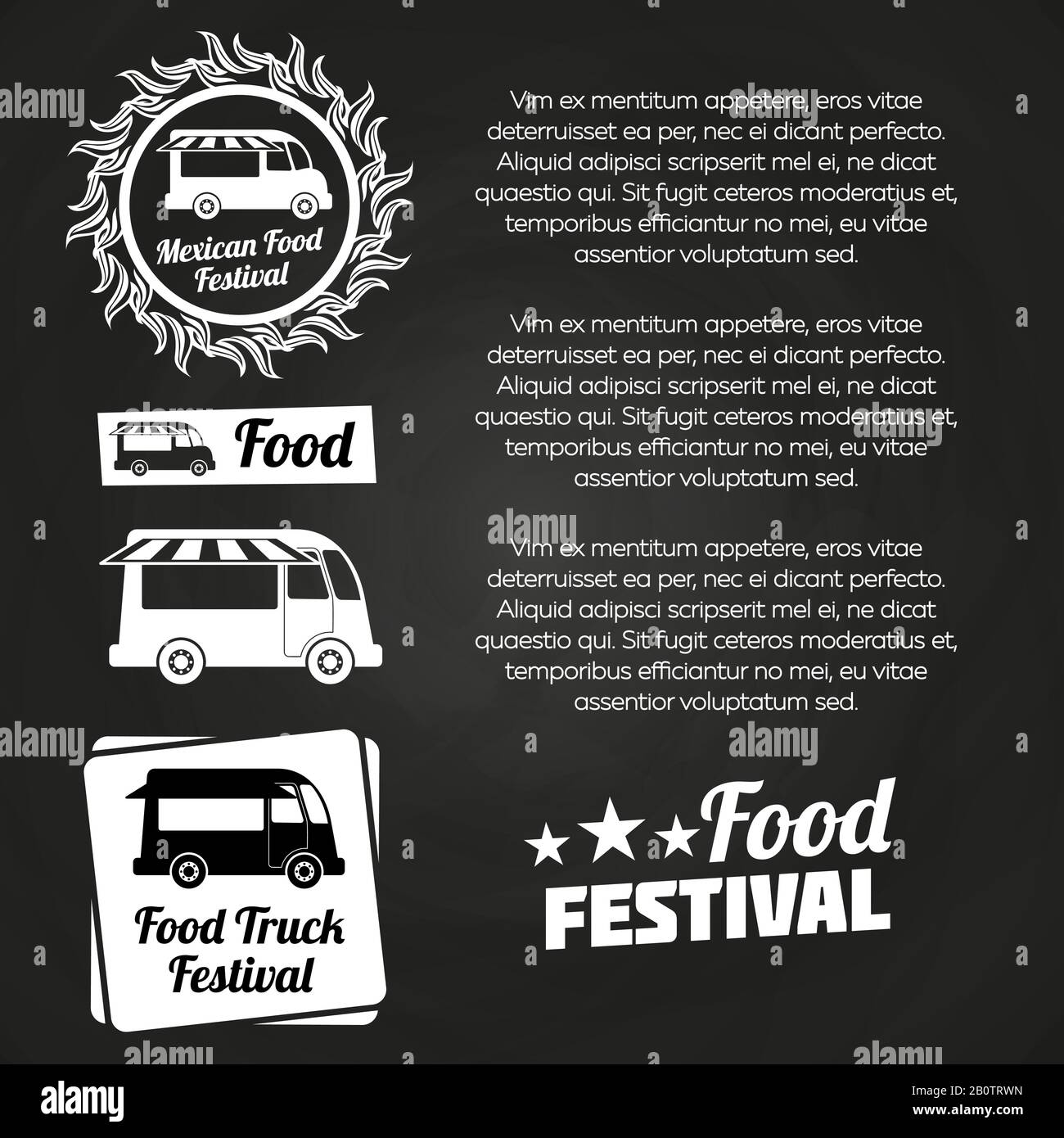Lavagna alimentare festival poster design con etichette alimentari e camion alimentari. Illustrazione del vettore Illustrazione Vettoriale