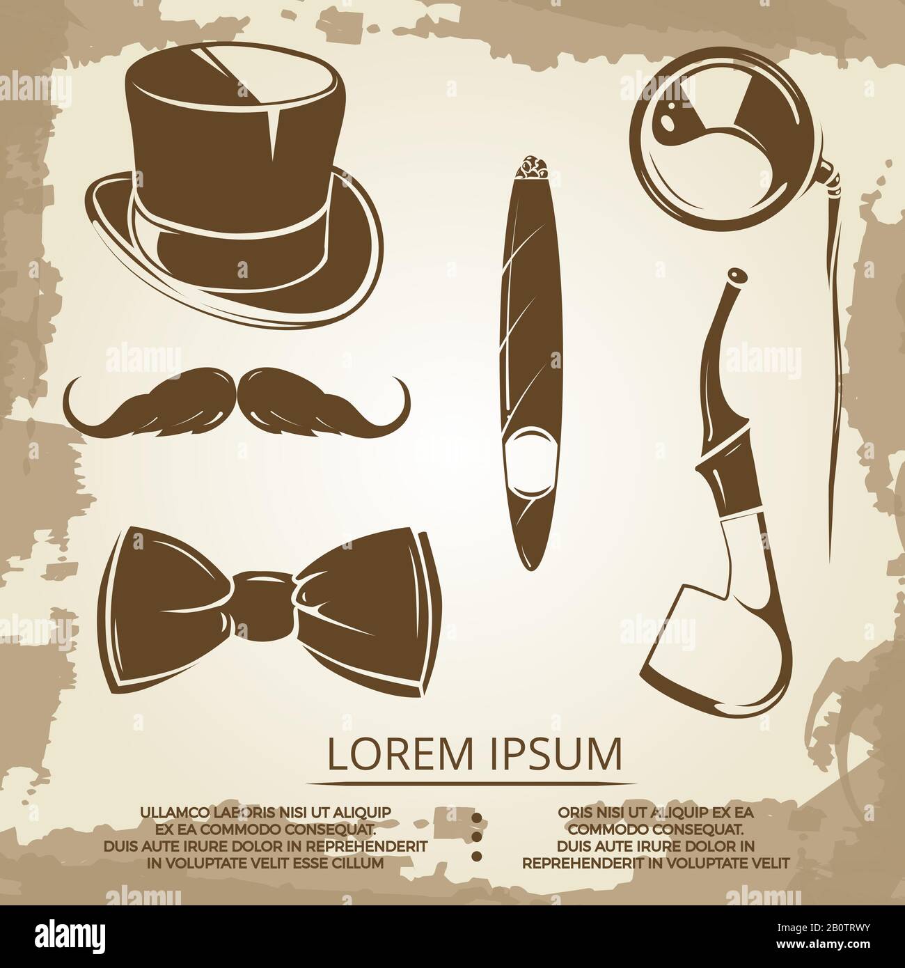Oggetti stile Getlemen - cilindro, cravatta di prua, tabacco. Illustrazione delle icone dell'annata vettoriale Illustrazione Vettoriale