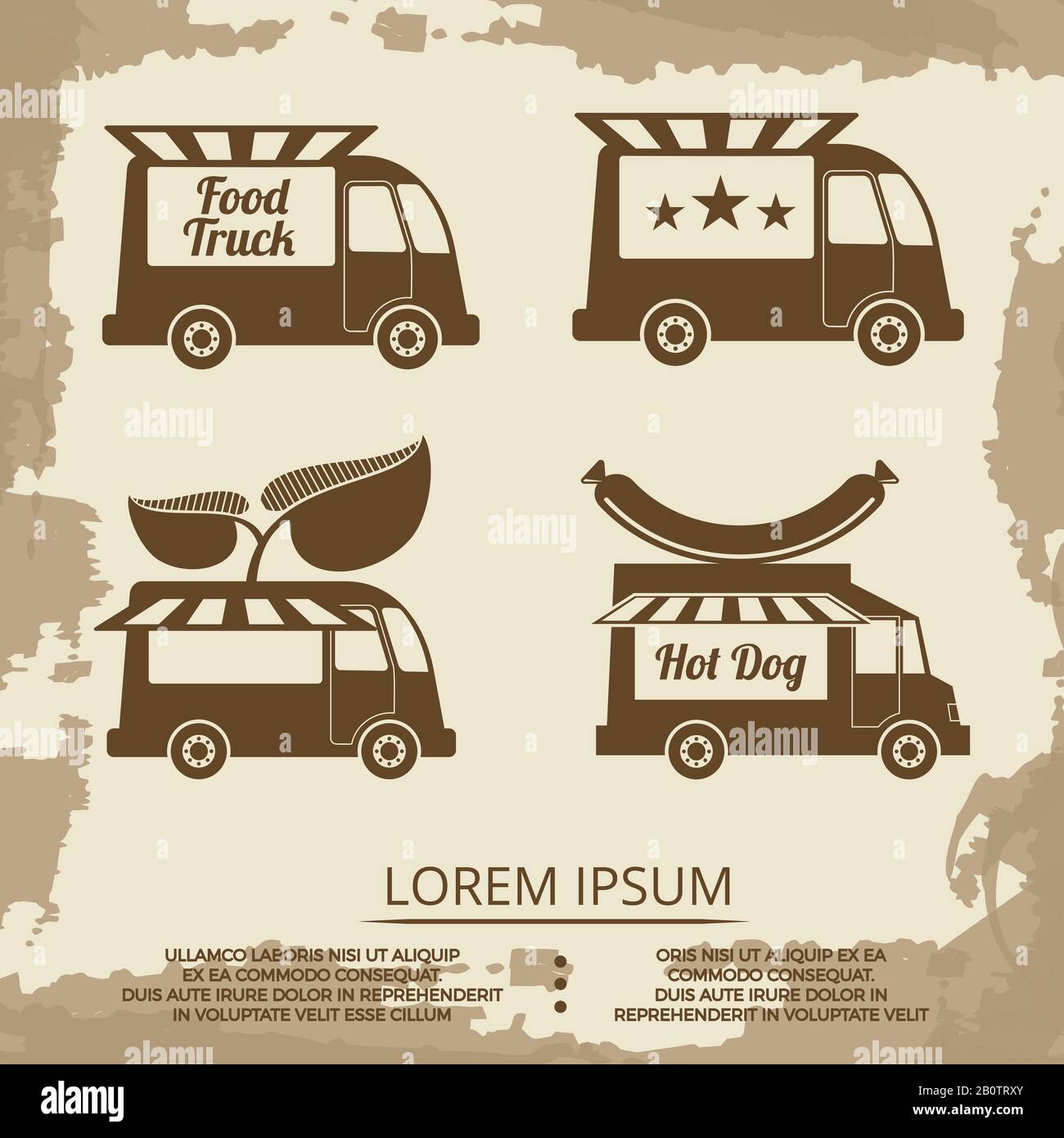 Set di carrelli per alimenti - poster vintage con camion con salsiccia e stella. Illustrazione del vettore Illustrazione Vettoriale