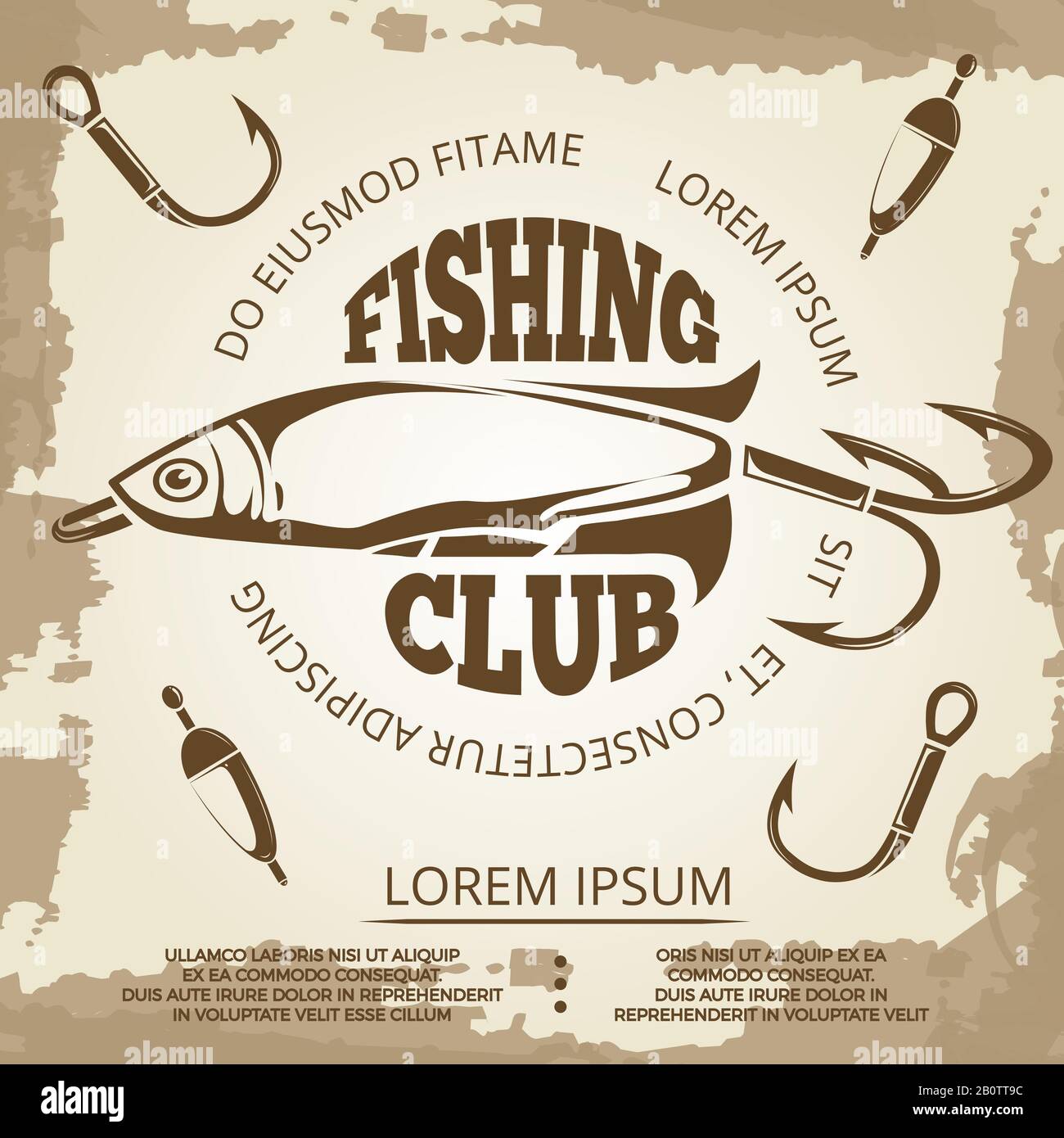 Poster da pesca vintage grunge con etichetta e accessori da pesca. Illustrazione del vettore Illustrazione Vettoriale