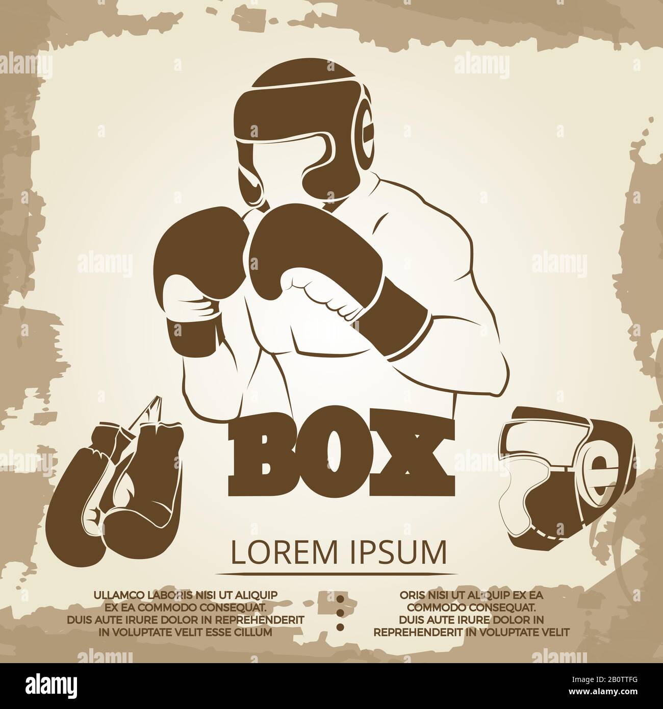 Design vintage poster sport - grunge box banner con atleta, casco e guanti da boxe. Illustrazione del vettore Illustrazione Vettoriale