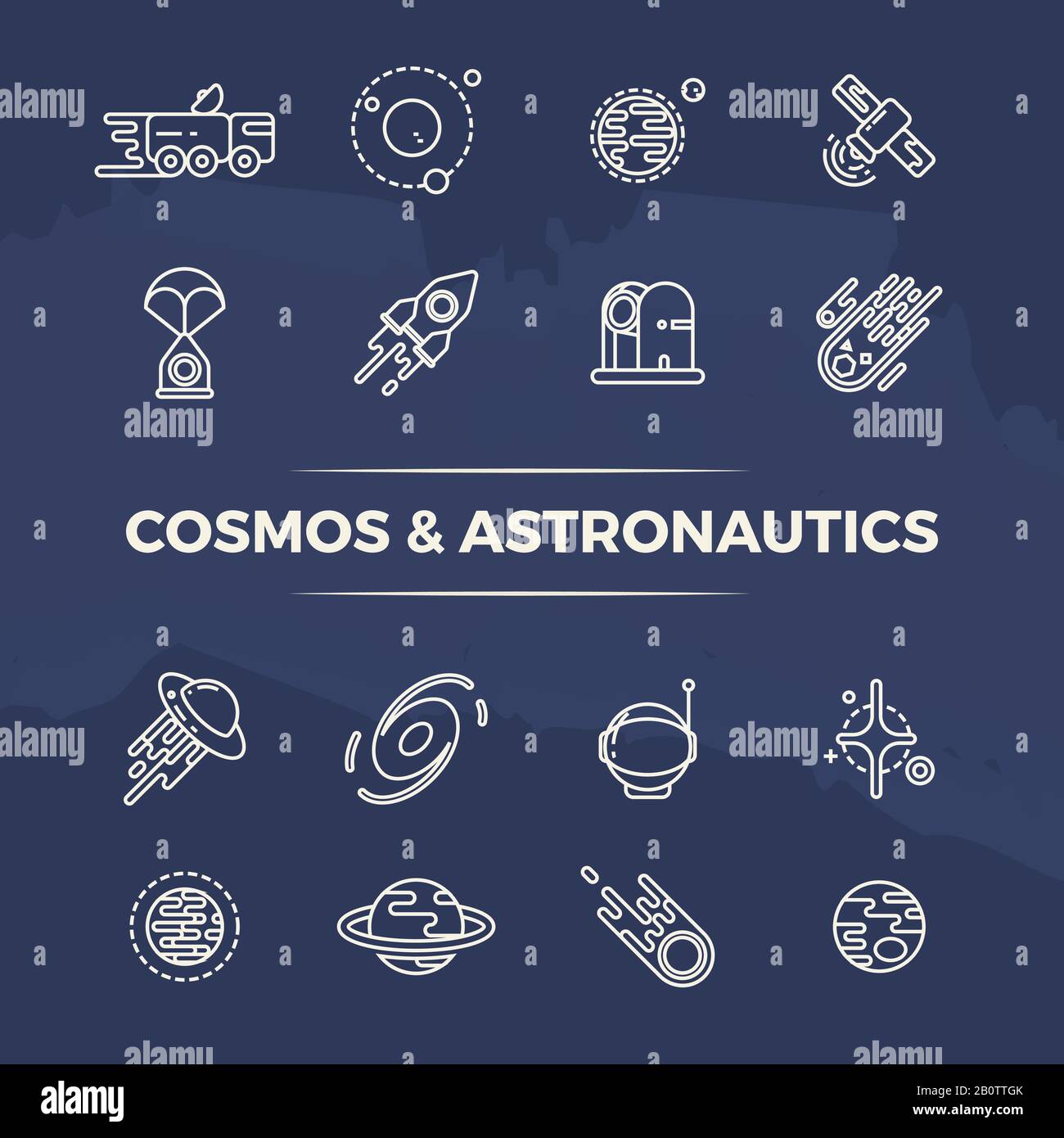 Icone di linea COSMOS e astronautica - pianeti, spazio, concetto di linea razzi. Icone scientifiche dell'illustrazione del set Illustrazione Vettoriale