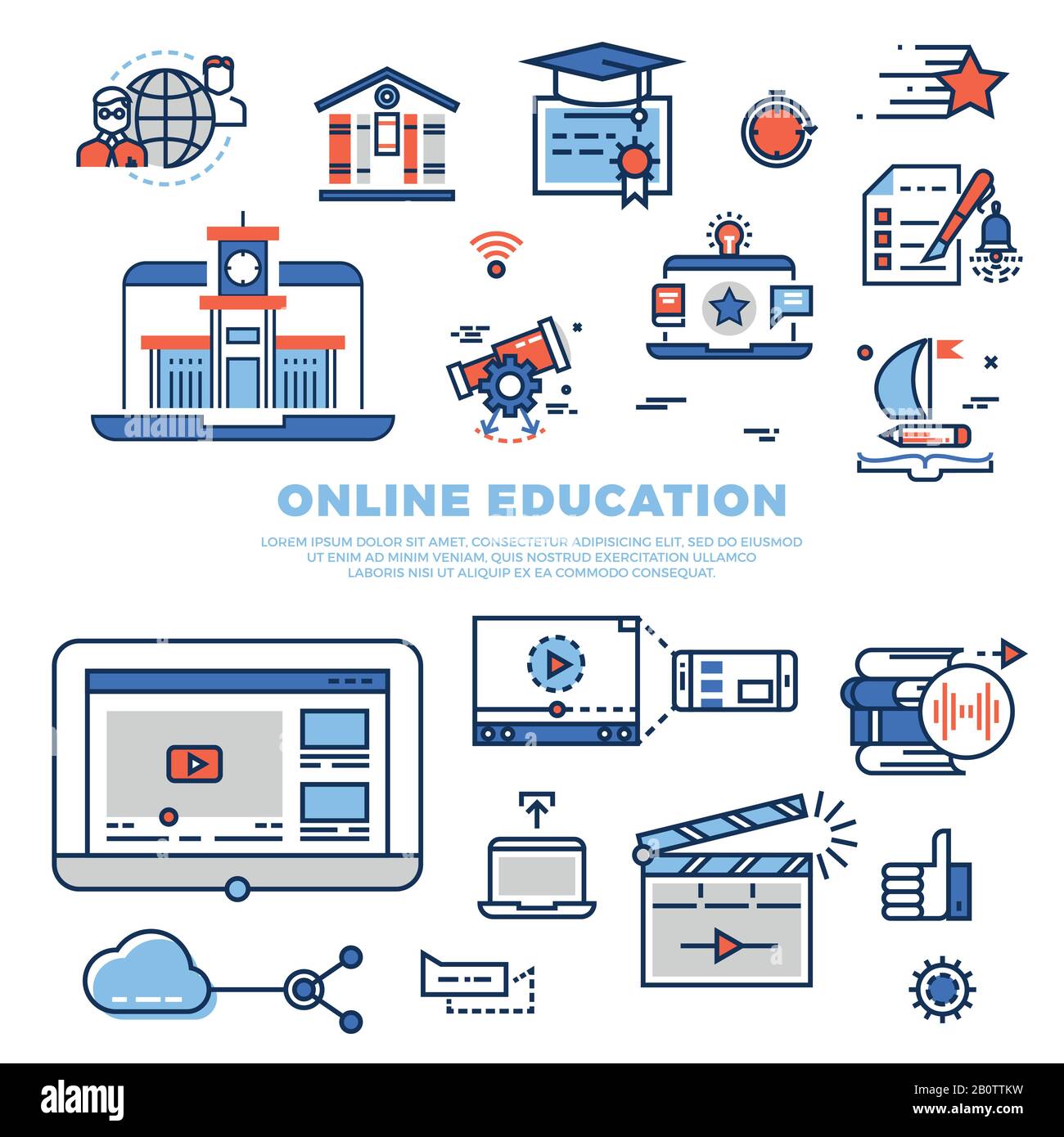 Formazione online icone linea colorata e infografiche isolato su sfondo bianco. Istruzione scolastica e universitaria. Illustrazione del vettore Illustrazione Vettoriale