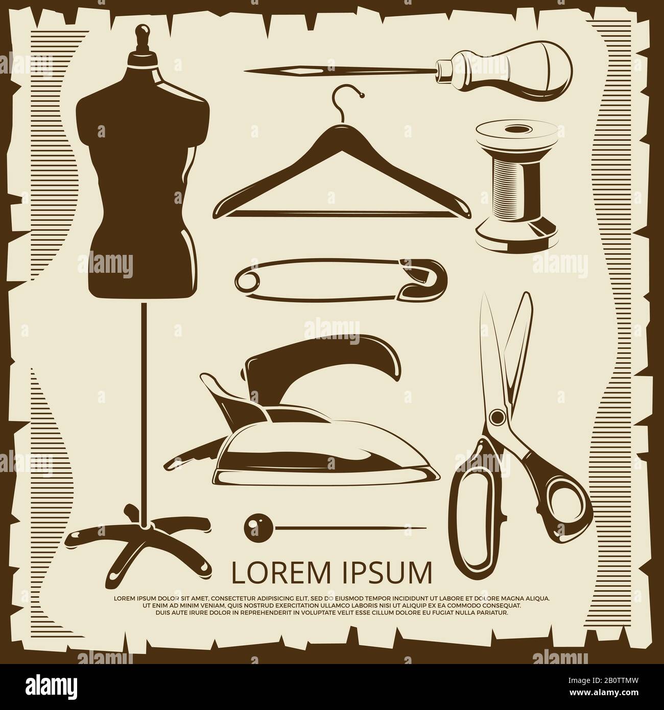 Elementi vintage per etichette su misura - forbici, ciuccio, filettatura, perni in stile retrò. Illustrazione del vettore Illustrazione Vettoriale