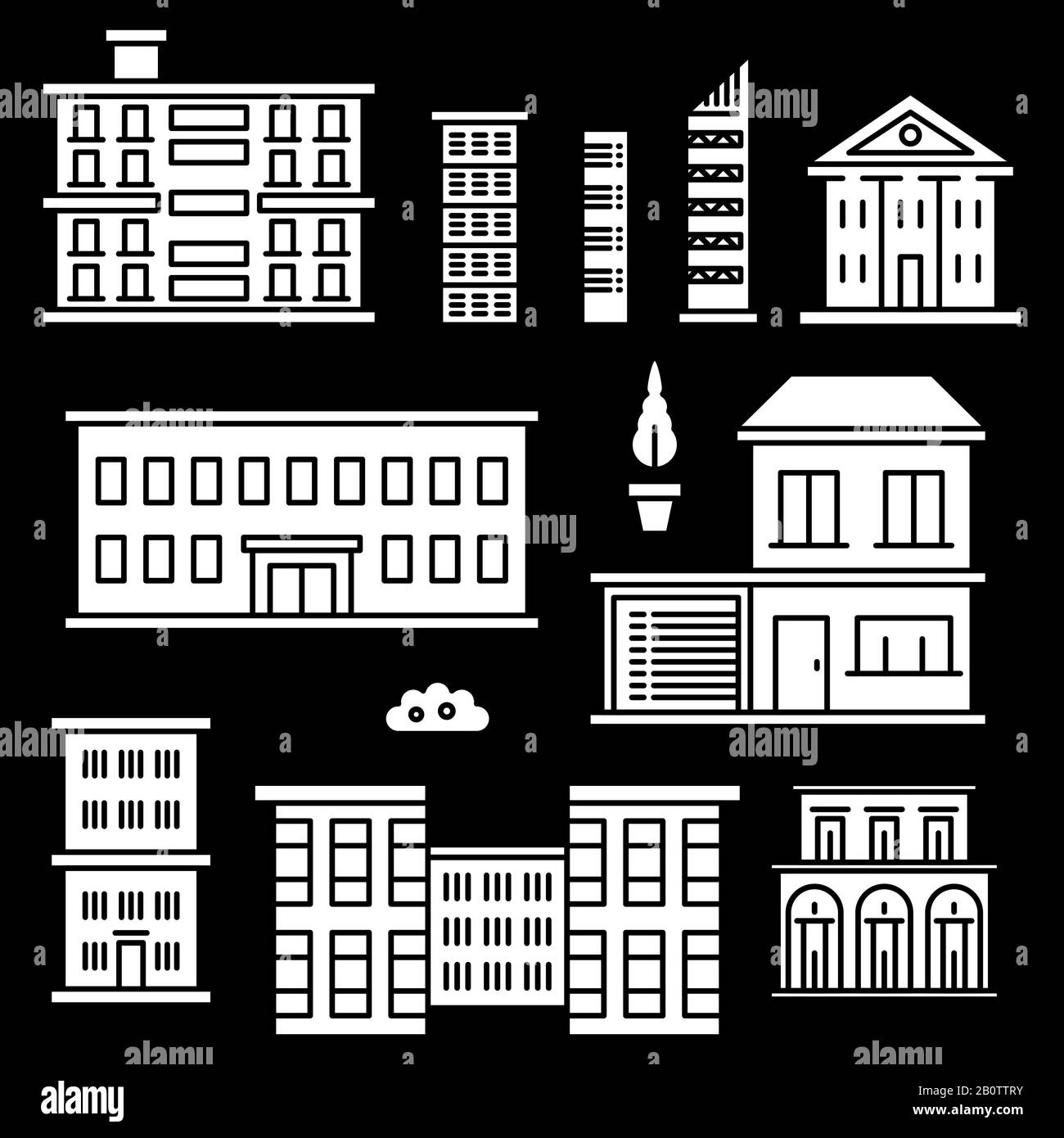 Case bianche icone su sfondo nero. Set di costruzione di edifici. Illustrazione del vettore Illustrazione Vettoriale