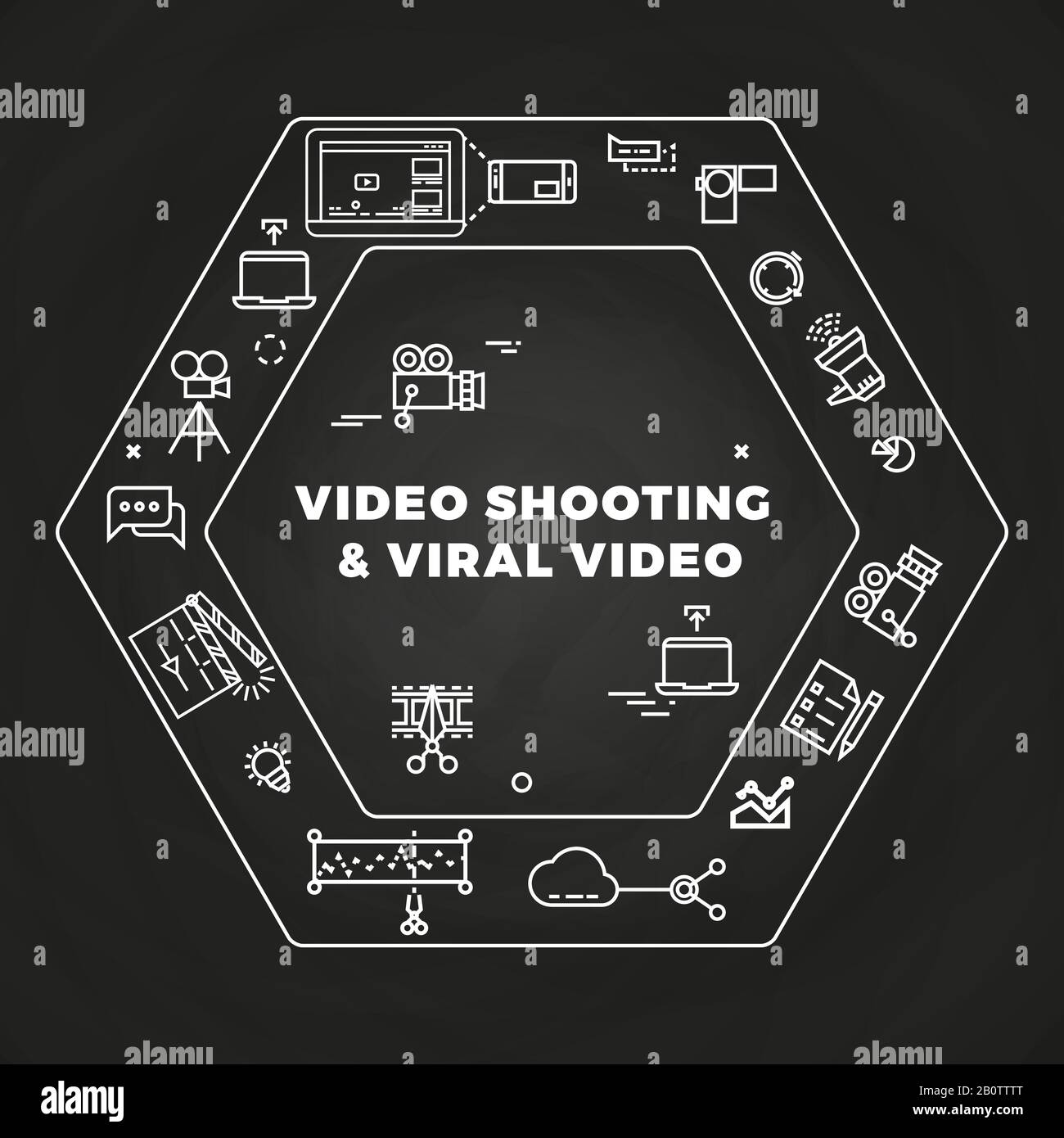 Concetto di icone della linea di produzione di film. Azione di produzione al cinema, illustrazione vettoriale Illustrazione Vettoriale