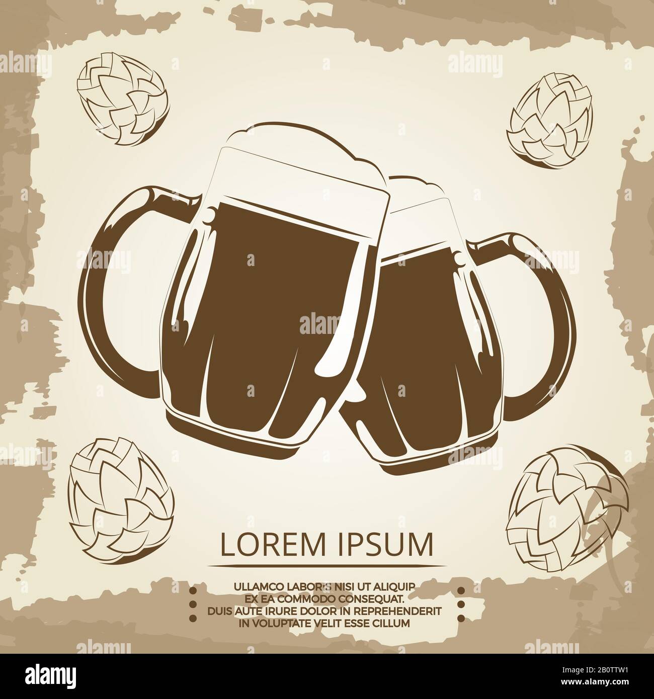 Boccali di birra e poster vintage di luppolo per la birreria. Bevanda nel banner tazza. Illustrazione del vettore Illustrazione Vettoriale