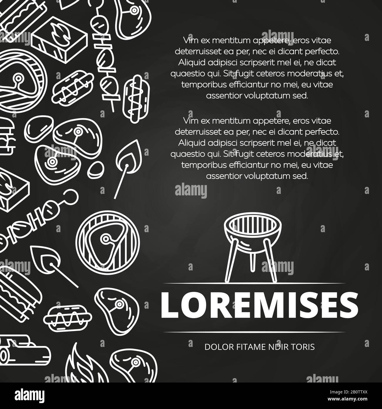 Barbecue, hamburger e attrezzature chalkboard poster design. Illustrazione piatta del vettore Illustrazione Vettoriale