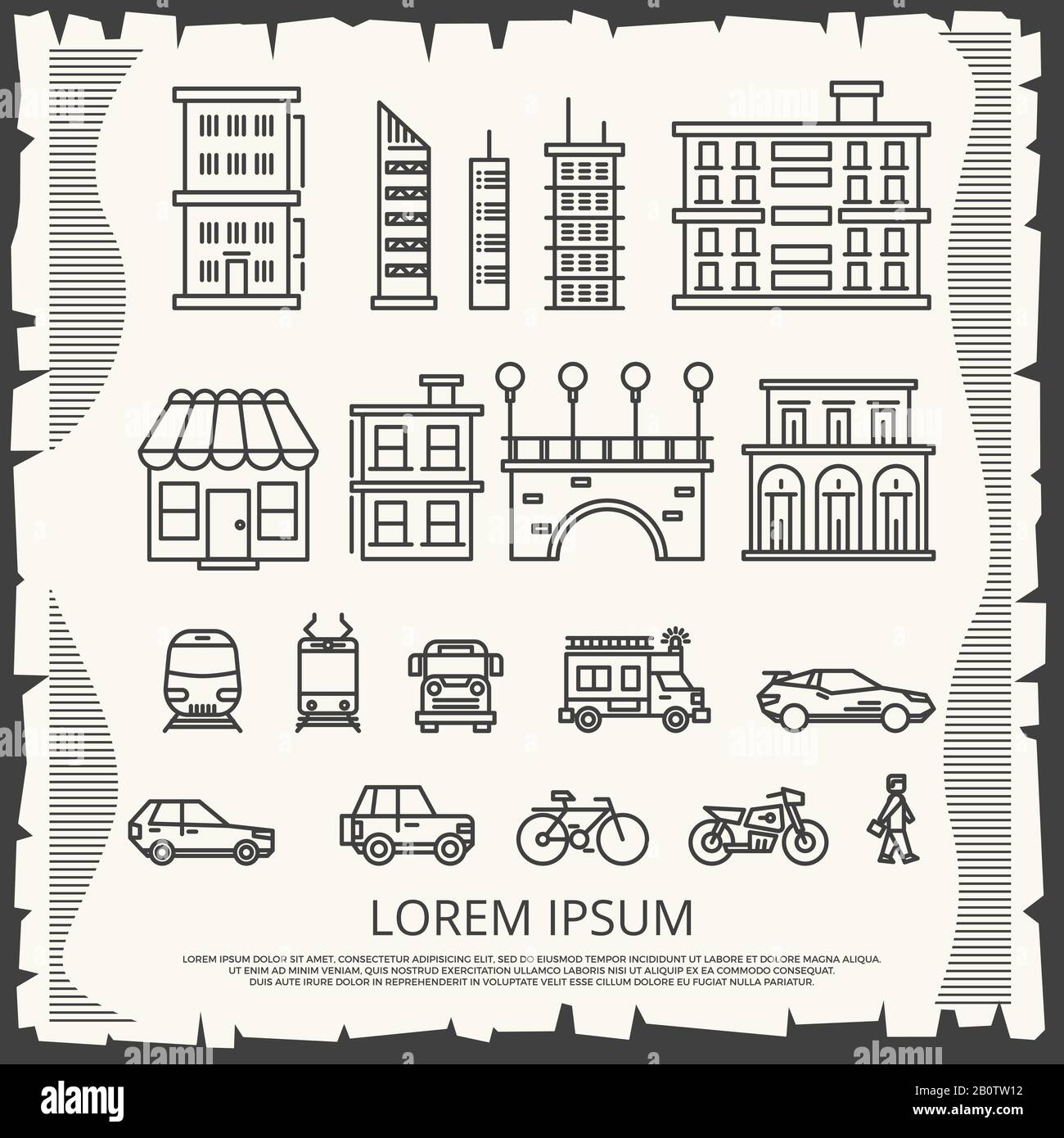 Elementi moderni della città su poster vintage - design di poster della città d'arte di linea. Illustrazione vettoriale della costruzione di moda urbana Illustrazione Vettoriale