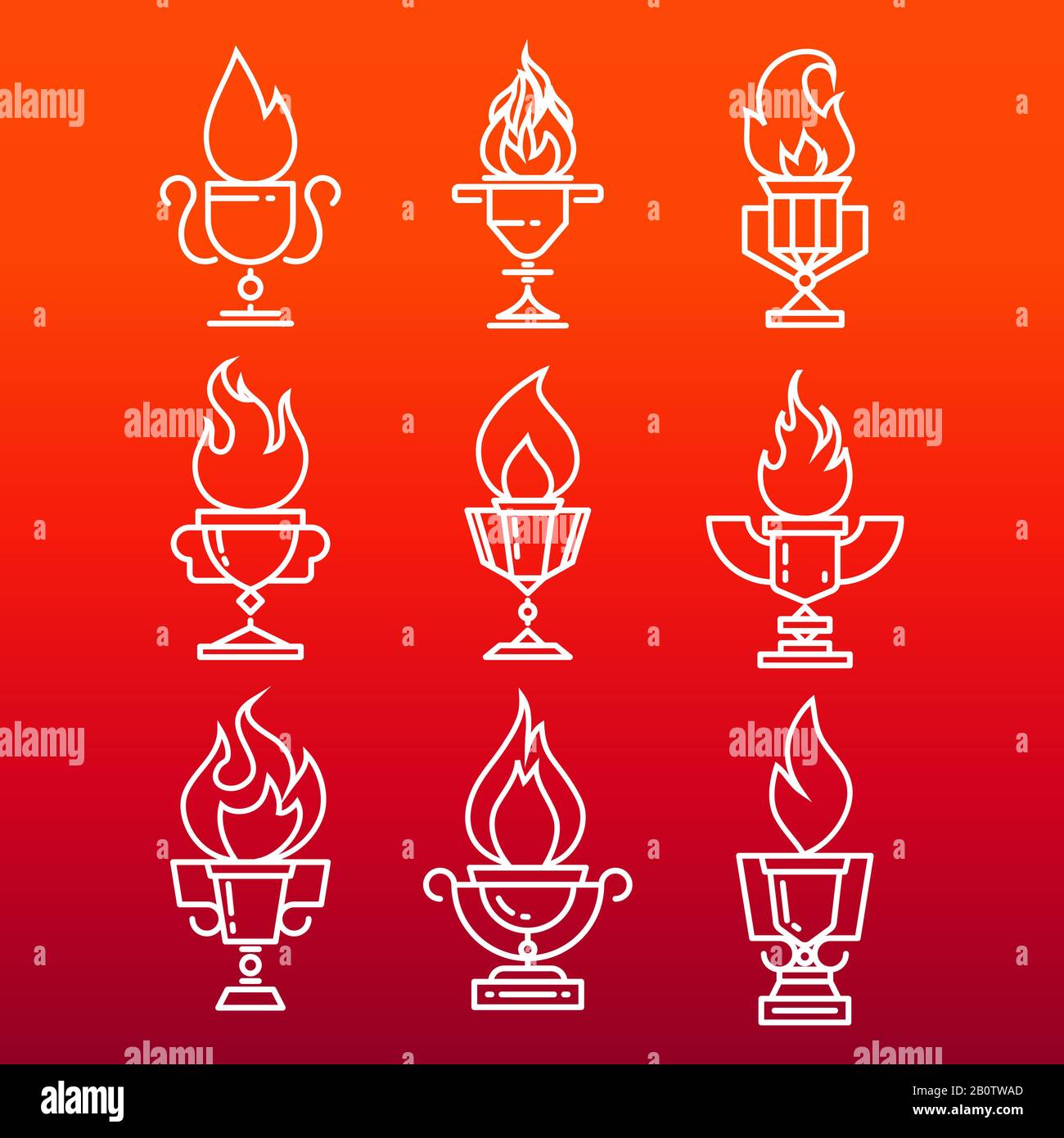 Calice di icone linea fuoco set - coppa trofeo con fiamma fuoco. Illustrazione del vettore Illustrazione Vettoriale