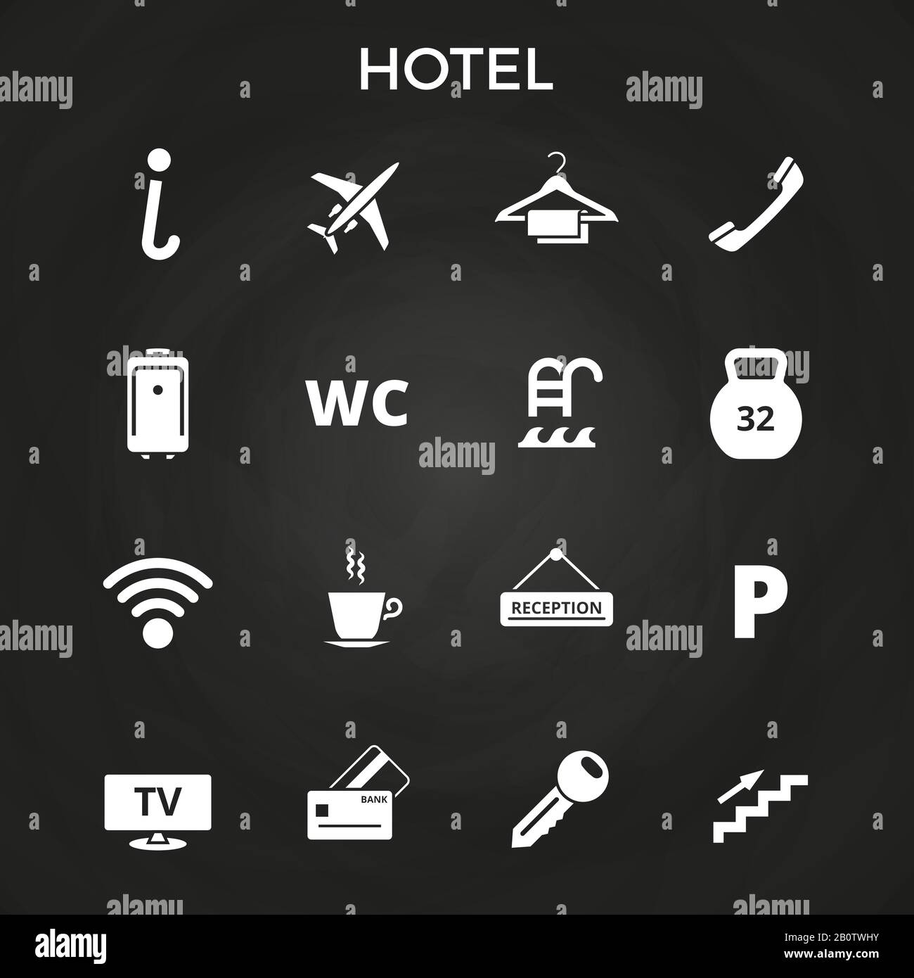 Icone vettore hotel impostato su lavagna. Illustrazione della collezione di icone bianche Illustrazione Vettoriale