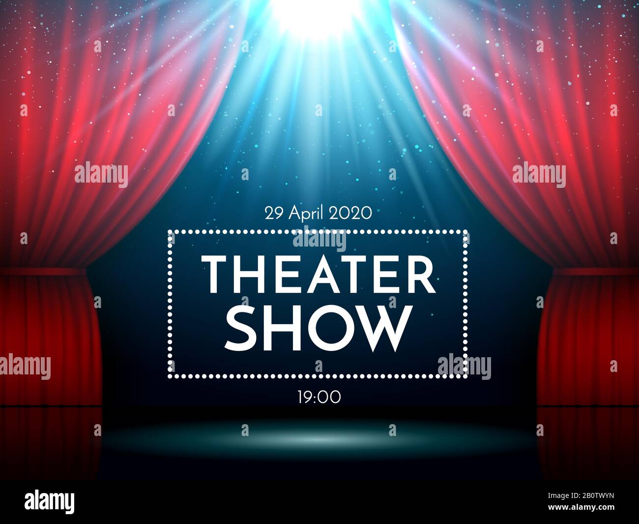 Aprire le tende rosse sul palco illuminate dai riflettori. Teatro drammatico o scena spettacolo d'opera. Cartellone performance showtime. Vettore di intrattenimento Illustrazione Vettoriale