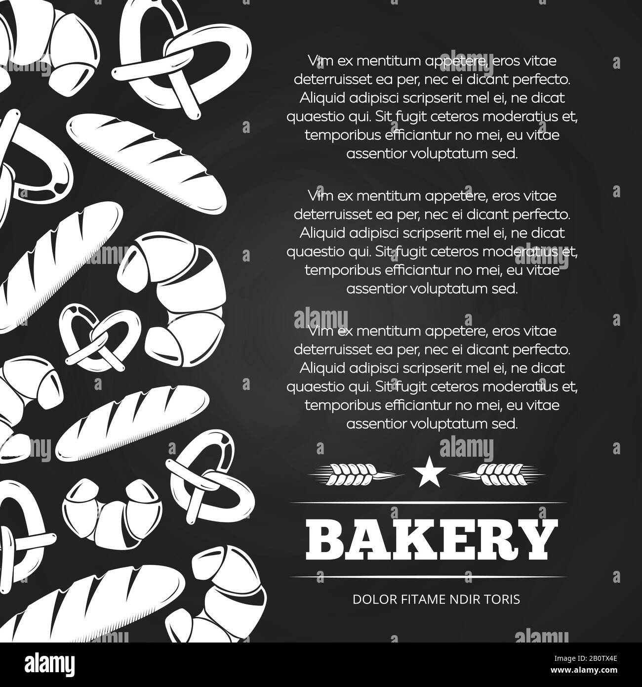 Poster in lavagna con pane e croissant - disegno di fondo in lavagna da forno. Illustrazione del vettore del pane di bandiera Illustrazione Vettoriale