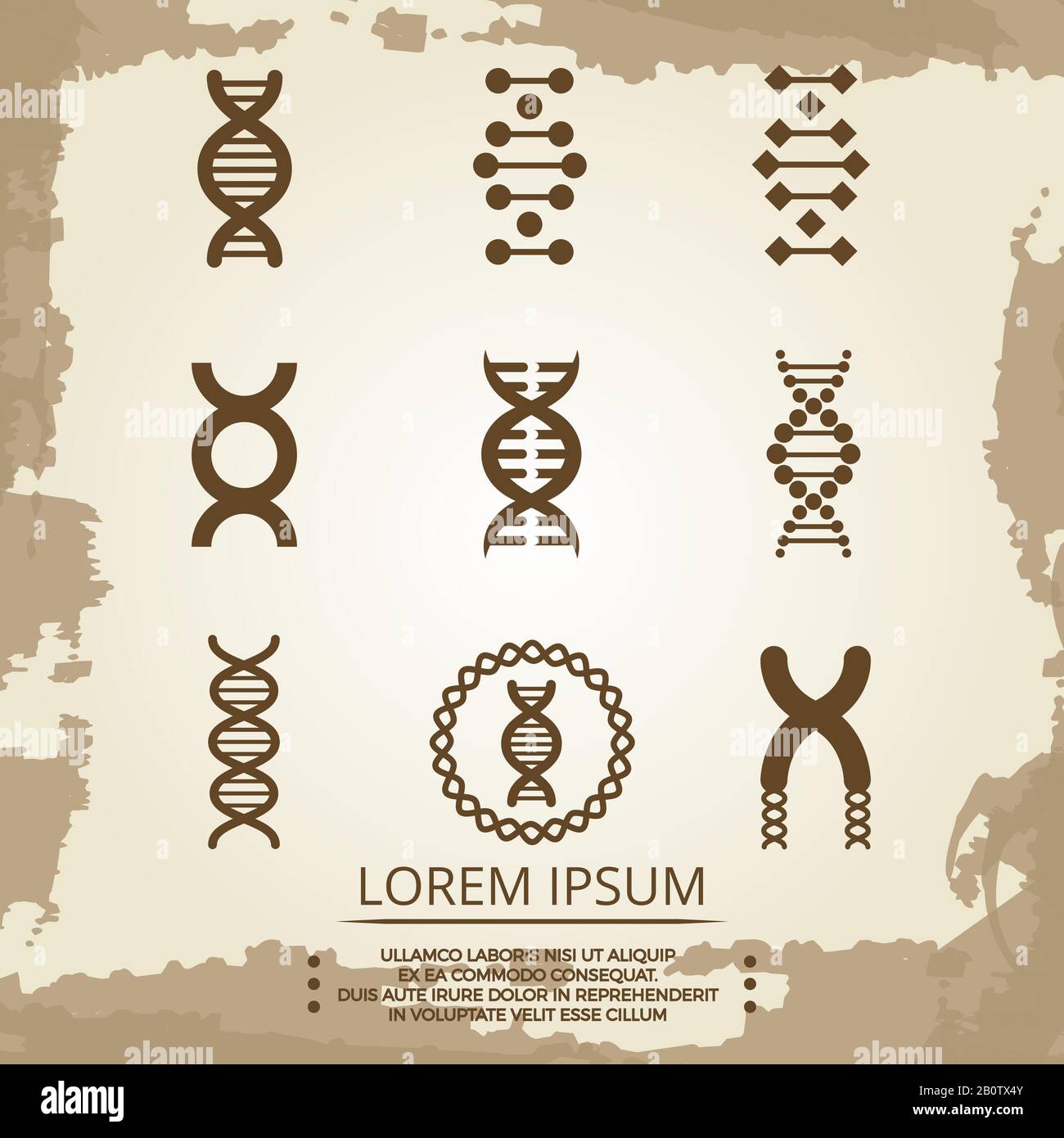 Icone dei vettori di DNA - poster di biologia vintage con spirali di DNA. Illustrazione della biochimica di ricerca e analisi Illustrazione Vettoriale