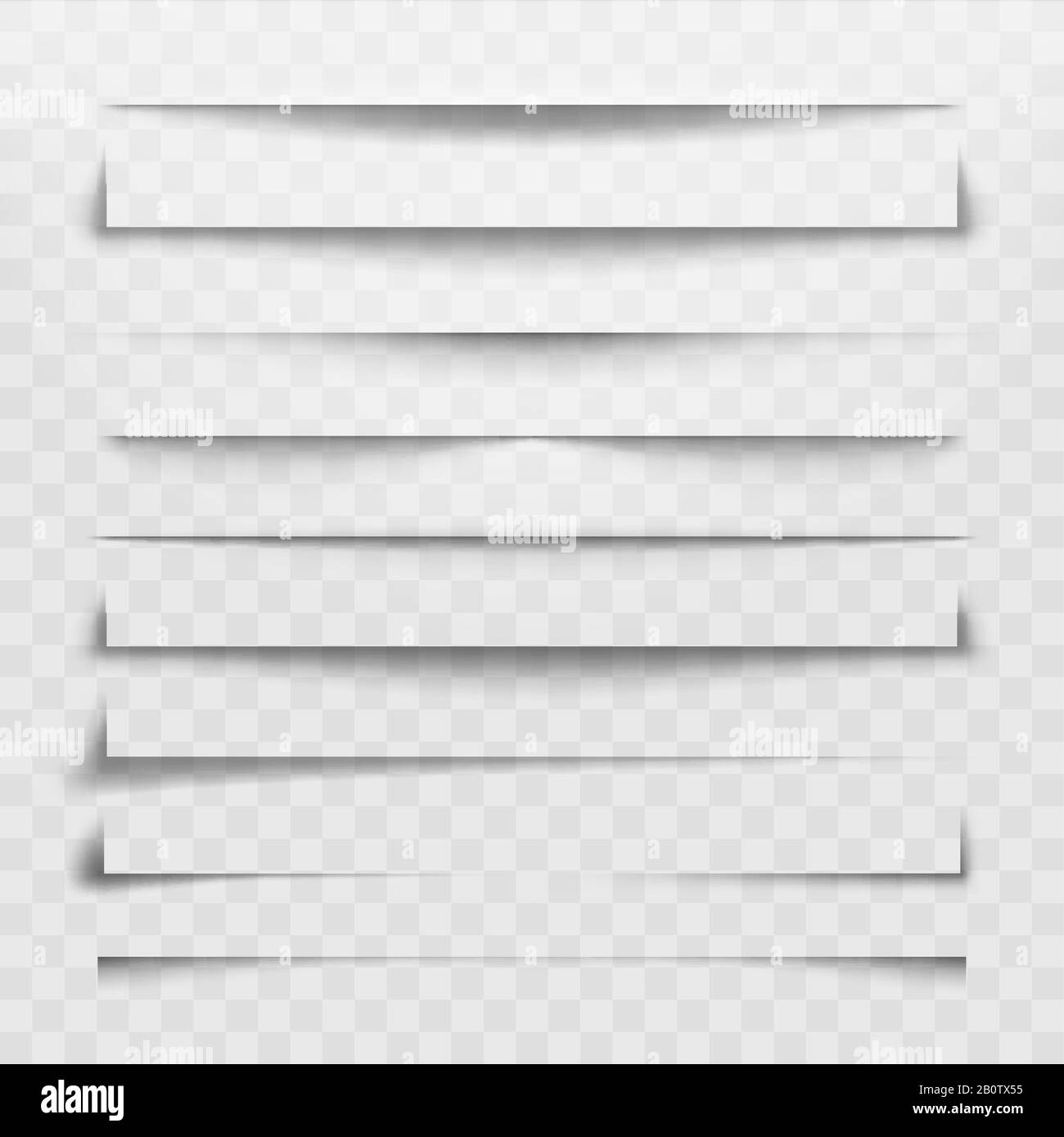 Linea di separazione o divisore ombra per pagina Web. Set di illustrazioni vettoriali divisori orizzontali, ombre che dividono le linee e gli angoli Illustrazione Vettoriale