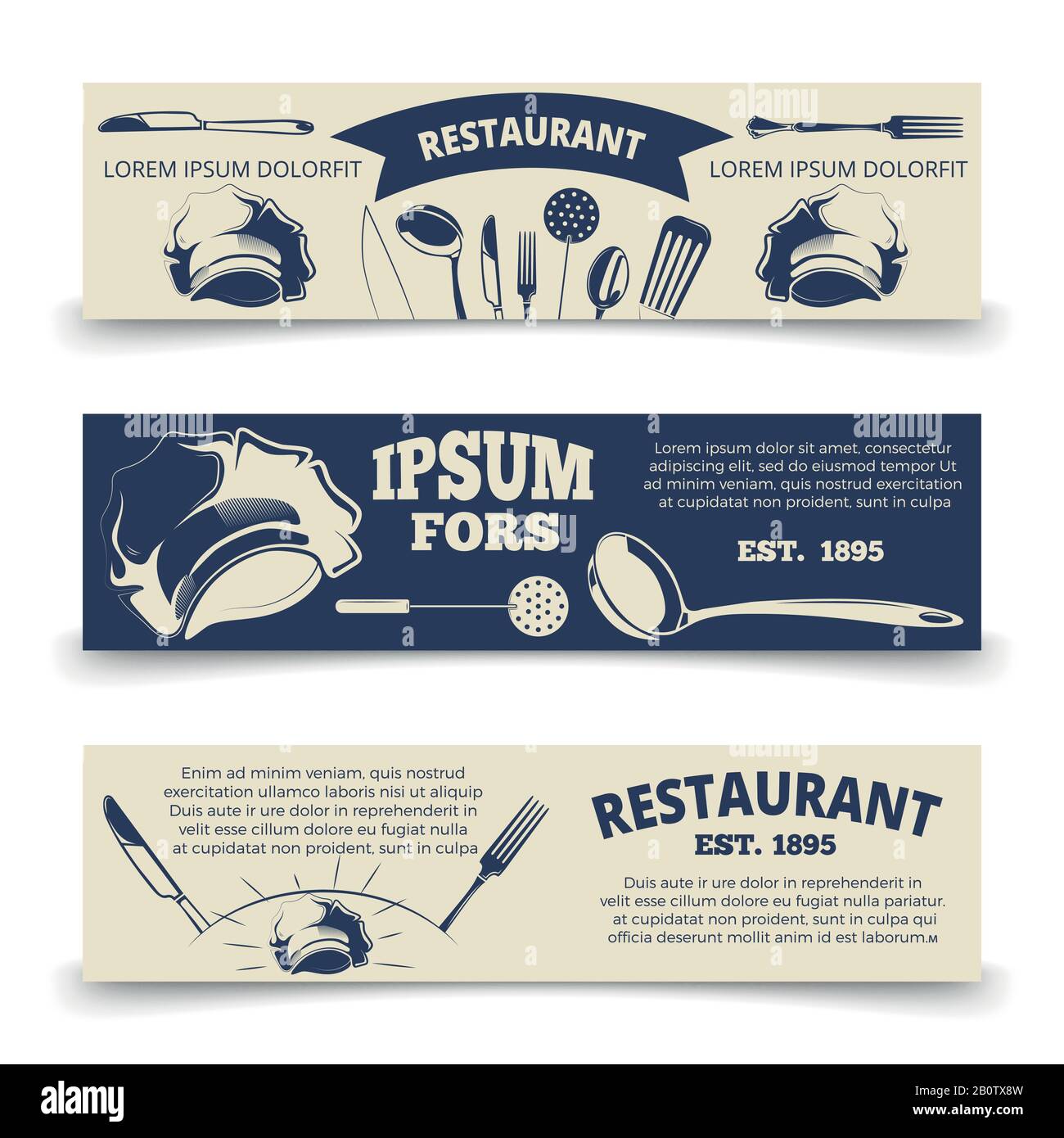 Modello banner orizzontali ristorante vintage, Set di illustrazione ristorante card Illustrazione Vettoriale
