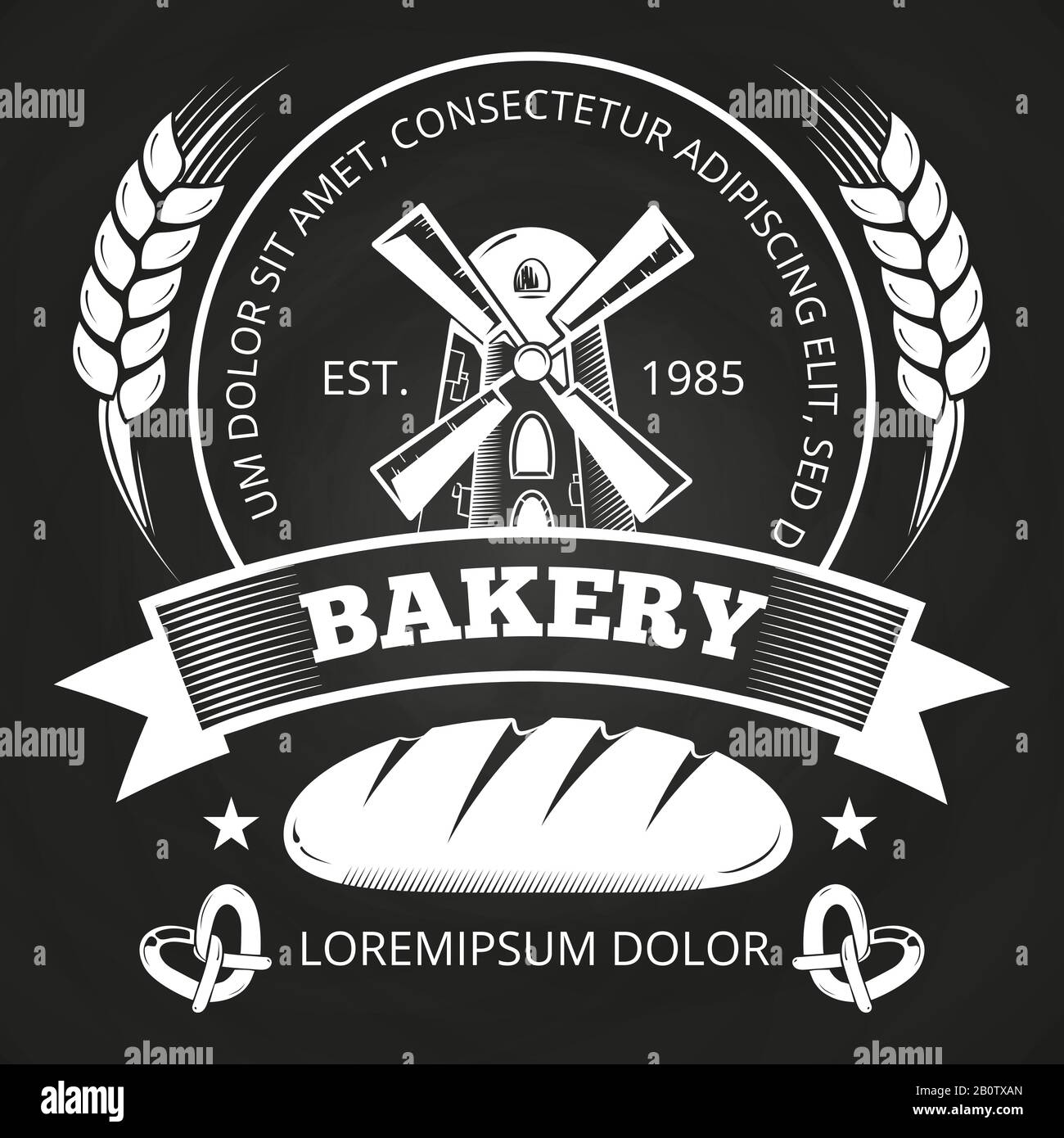 Casa da forno o negozio etichetta design con pane, mulino e grano - emblema da forno su lavagna. Illustrazione del vettore Illustrazione Vettoriale
