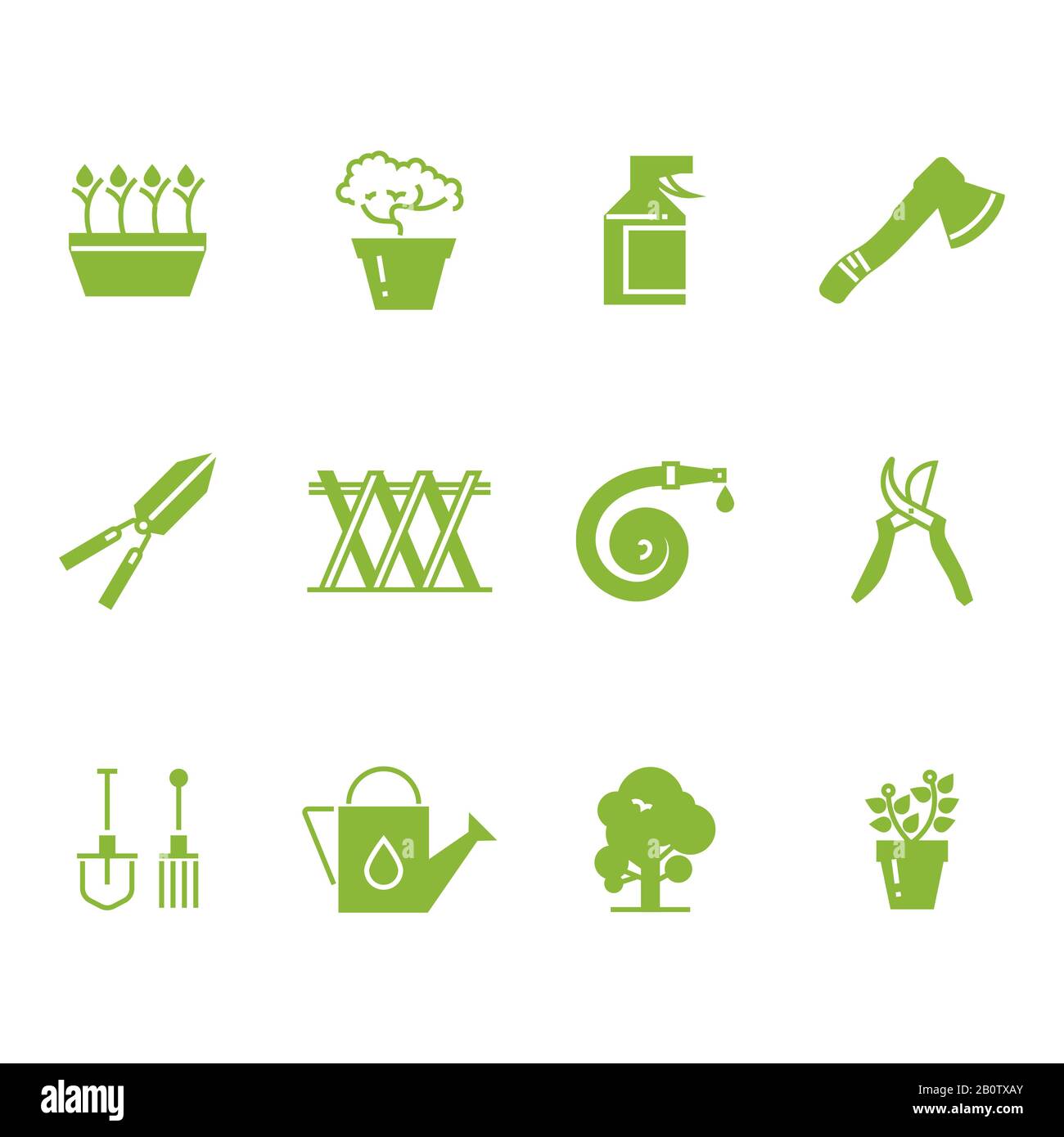 Set di icone di accessori e strumenti per il giardinaggio verde. Annaffiatura e attrezzi per giardinaggio, illustrazione vettoriale Illustrazione Vettoriale