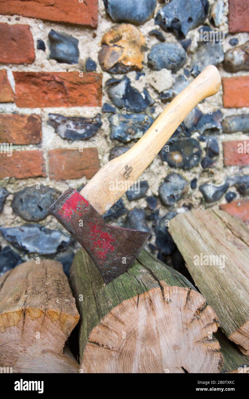 L'immagine mostra un'ascia pronta a tagliare il legno per un incendio. I proprietari di bruciatori di legno, stufe e fuochi aperti non potranno più comprare carbone o legno umido per bruciare in loro, sotto un divieto di essere rotolato fuori dall'anno prossimo. Le vendite dei due combustibili più inquinanti saranno gradualmente eliminate in Inghilterra per contribuire a ridurre l'inquinamento atmosferico, afferma il governo. Sacchetti di tronchi venduti in negozi fai da te, centri giardino e stazioni di servizio spesso contengono legno umido - un tipo di legno che produce più inquinamento e fumo. Il pubblico dovrebbe passare a "alternative più pulite", afferma il governo. Foto Stock