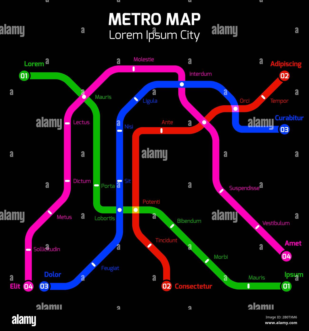 Neon colori metro o metro città mappa concetto. Illustrazione del vettore Illustrazione Vettoriale