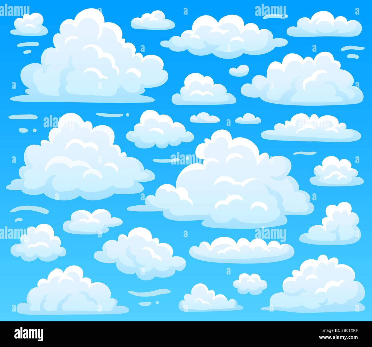Fumetto soffice nuvola a cielo azzurro. Nuvole celesti su cielo blu, immagine vettoriale atmosferica cloudscape Illustrazione Vettoriale