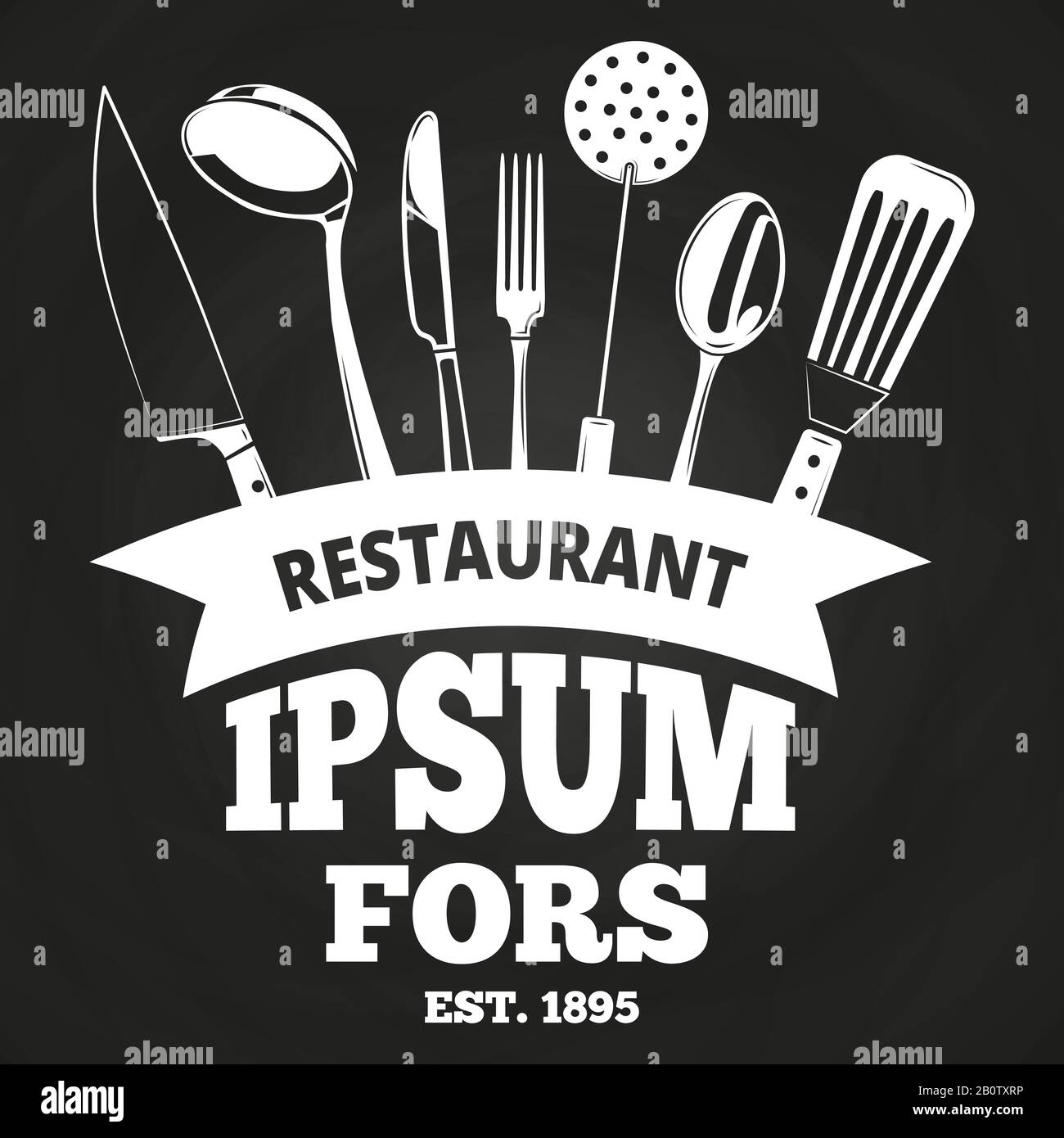 Etichetta o logo vintage del ristorante sulla lavagna. Logo banner ristorante, illustrazione vettoriale Illustrazione Vettoriale