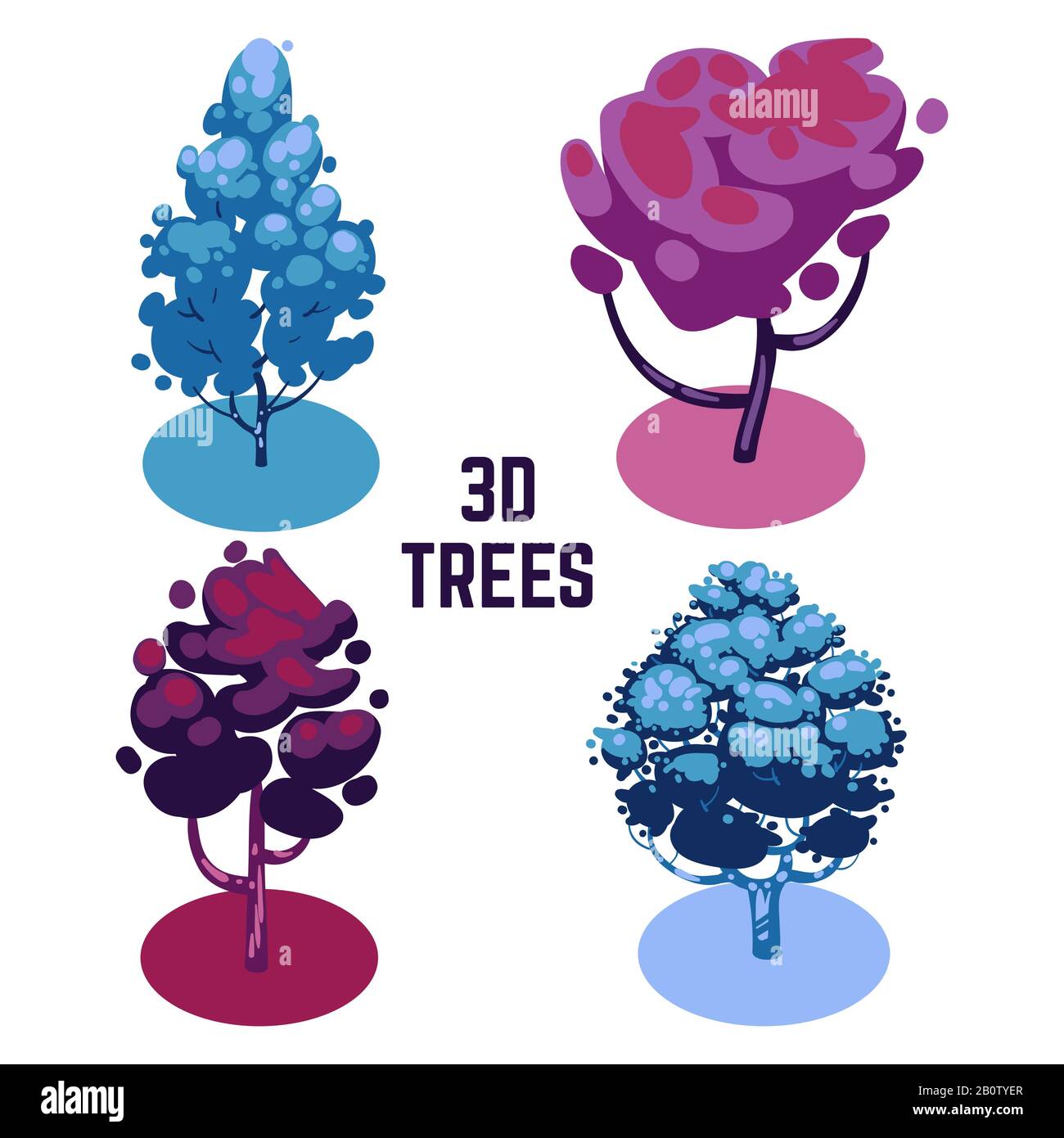 Colori insoliti alberi collezione - fantastico 3D alberi isolati su bianco. Illustrazione del vettore Illustrazione Vettoriale