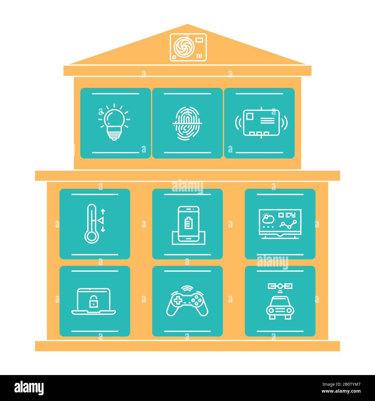 Icone di linea sottile concetto di casa intelligente isolato su sfondo bianco. Tecnologia smar home, illustrazione vettoriale Illustrazione Vettoriale