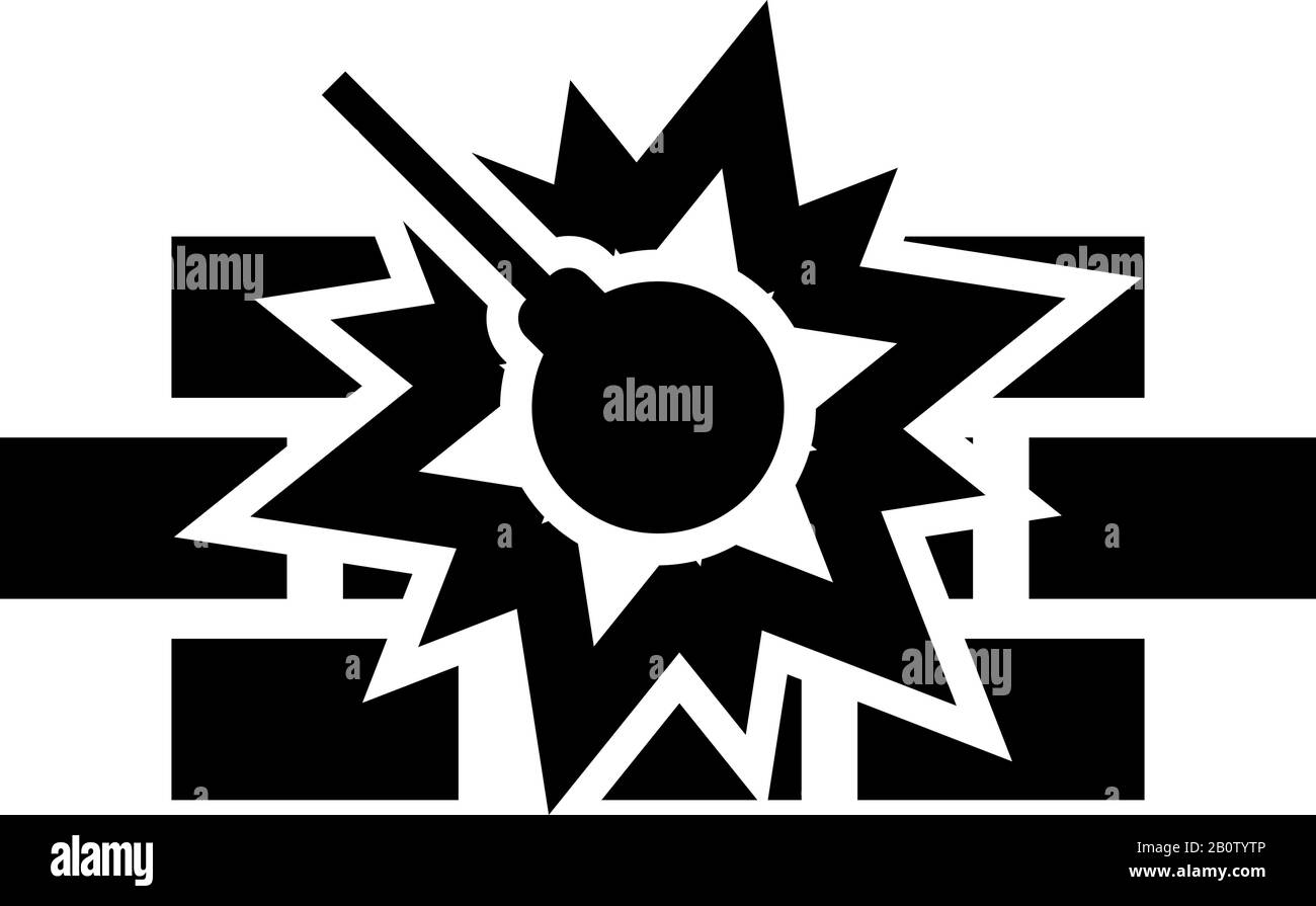 Macchina demolita di lavoro su costruzione di edifici Distruggendo muro di mattoni con palla di metallo Wrecking casa casa concetting icona nero vettore colore Illustrazione Vettoriale