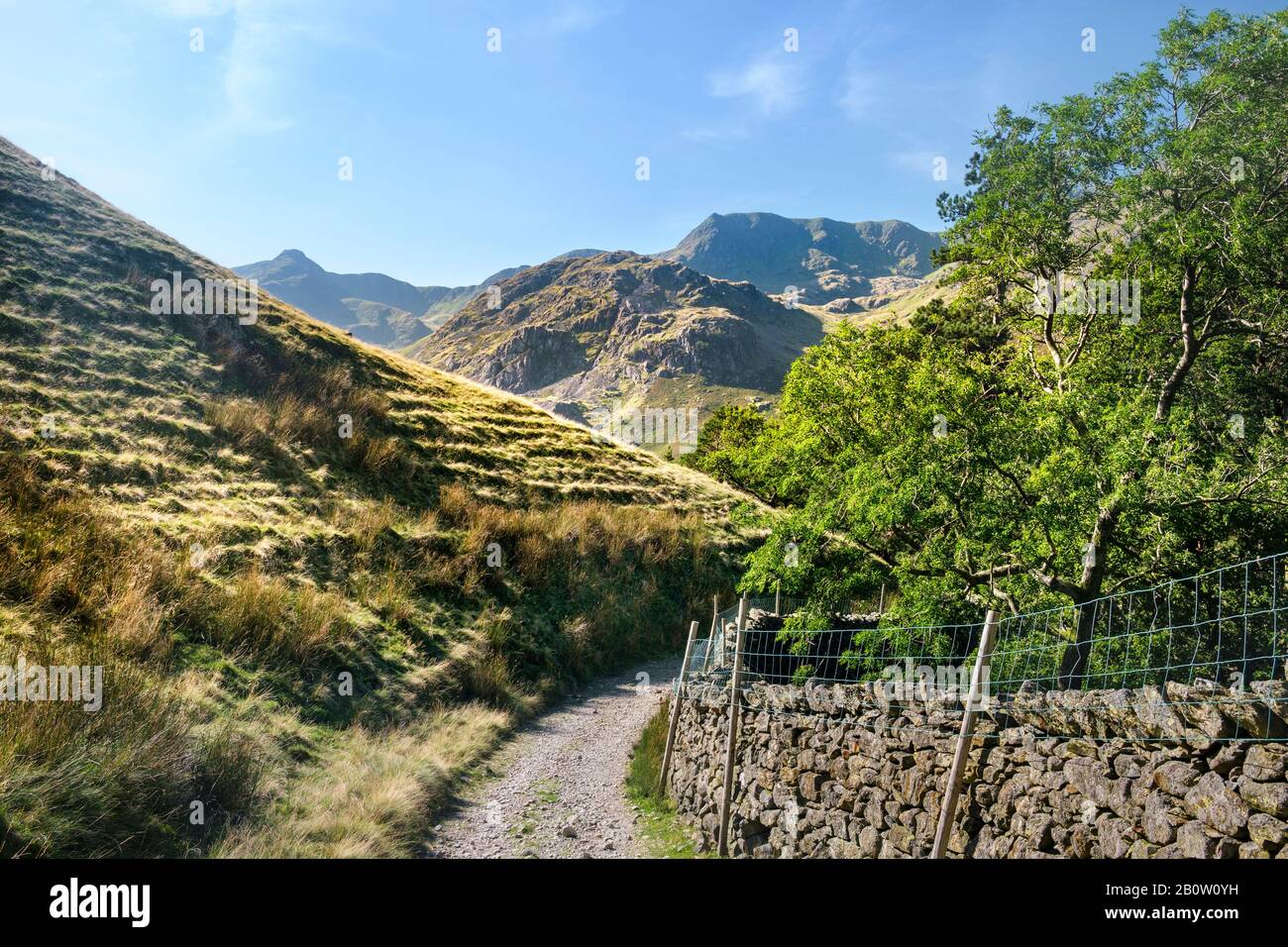 English Lake District Fells paesaggio estivo - sentiero e muraglia in pietra a secco in Grisedale guardando verso Dollwagon Pike, Eagle Crag e Nethermost Pike Foto Stock